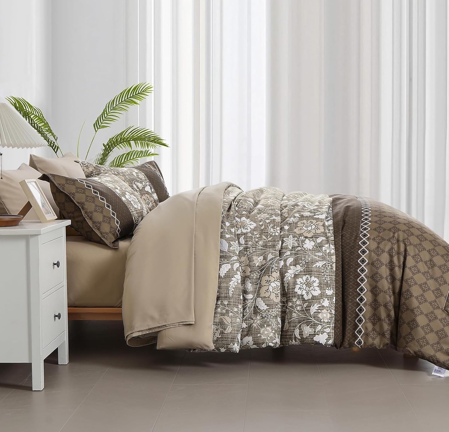 WONGS BEDDING Brown King Comforter Set, 7 Pieces Bed in a Bag Floral Geometric Patchwork Soft Microfiber King Bedding Set with Comforter, Flat Sheet, Fitted Sheet, Pillow Shams,Pillowcases - Image 4