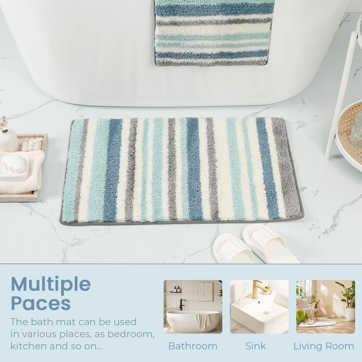 Scandinavian Bath Mat Non Slip Super Absorbent Bathroom Soft Microfiber Machine Washable Luxury Bathroom Carpet for Dining Room, Kitchen and Bedroom (31"x20", Blue)