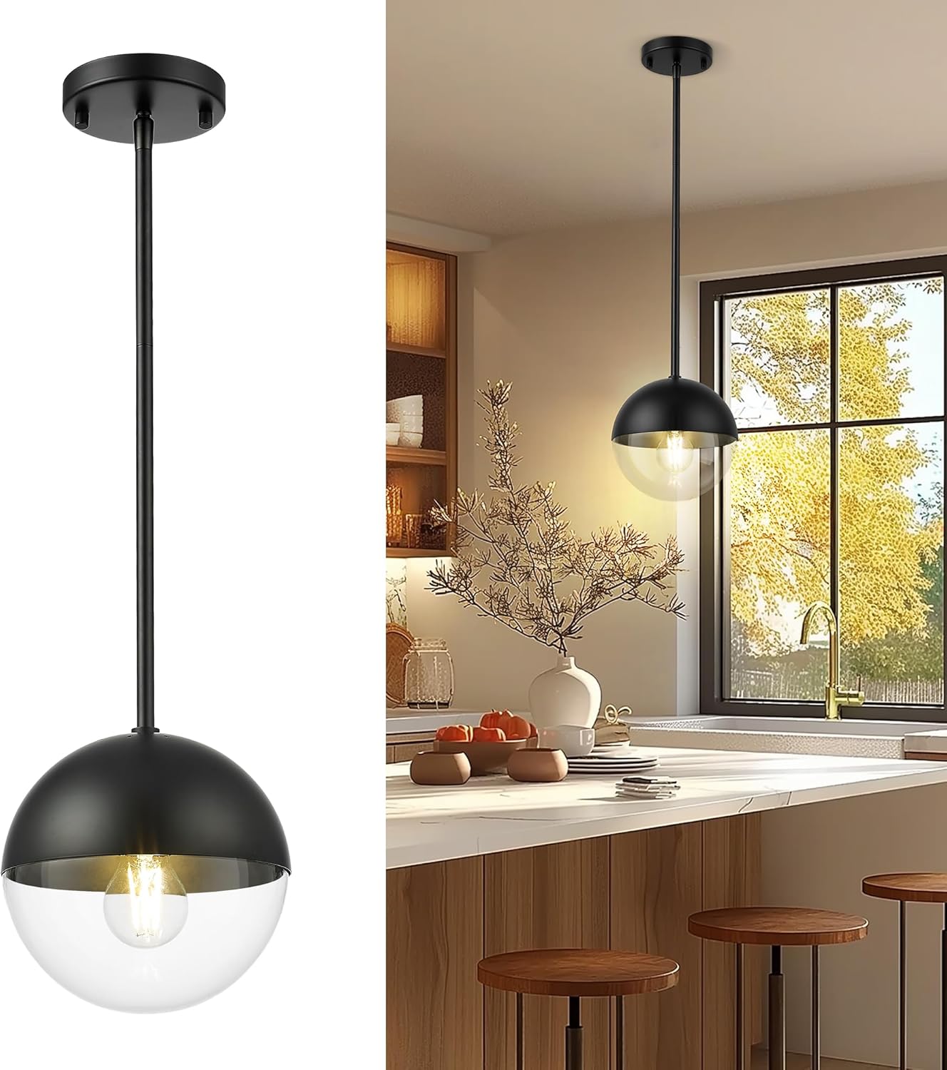 LMS Modern Pendant Lights, Matte Black Kitchen Island Pendant Light Fixtures, Adjustable Hanging Rod Ceiling Light for Dining Room Bathroom Bedroom, LMS-186BKC Black 8" Clear Glass, 1 pack