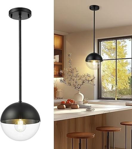 Miniatura 27 de LMS LMS-186BNC - Moderna lámpara colgante de 1 luz, lámpara colgante de isla de cocina de níquel cepillado con vidrio de globo transparente, varilla