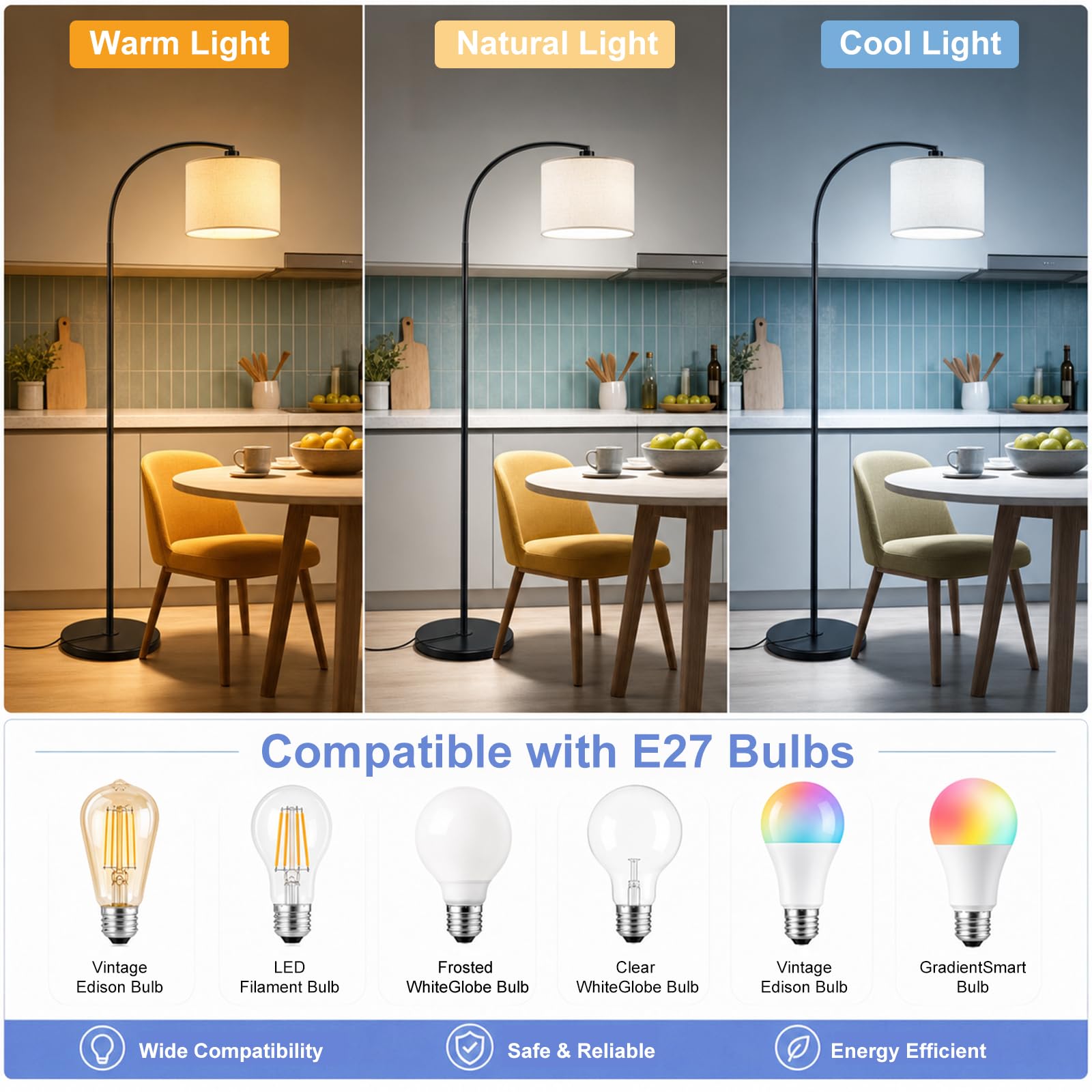 Stehlampe Wohnzimmer, 161cm Bogenlampe, 270°Drehbarer Lampenkopf mit Verstellem Beigen Leinen-Lampenschirm & Fußschalter, Leselampe Stehleuchte für Wohnzimmer, mit 12W Dreifarben (Schwarz)