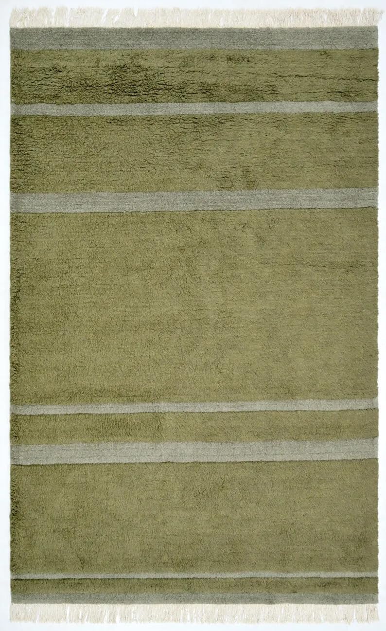 Hand Woven Olive Green Rectangular Wool 39 Pounds Modern Striped Living Room Rug 7.0x10.0