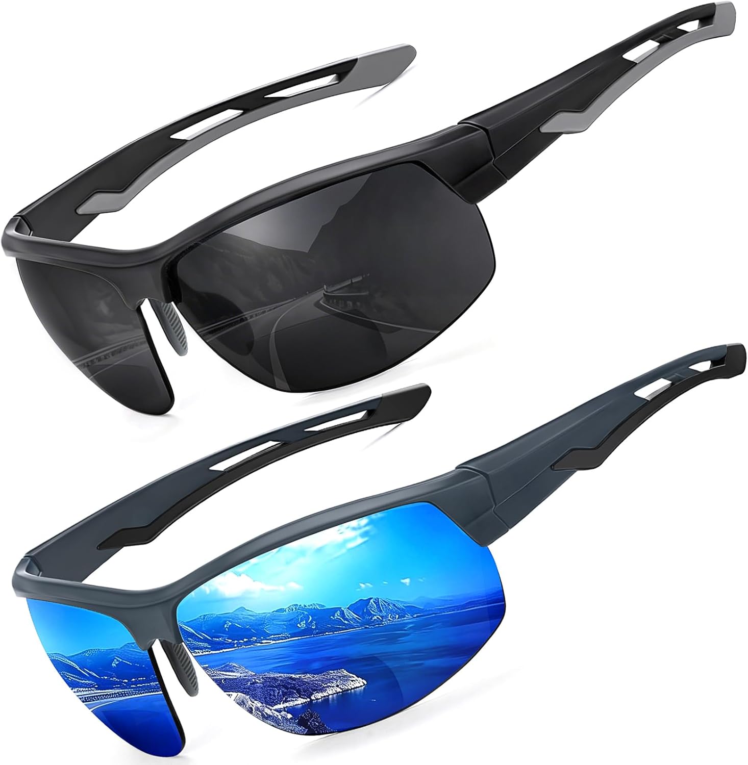 Missfive 2 Pack Mens Preferred Bifocal Sunglasses with Readers Built in, Sporty Semi-Rimless Wrap Dark Reading Glasses UV400 Protection, Adjustable Nose Pad Sun Reader for Outdoor/Driving +2.0
