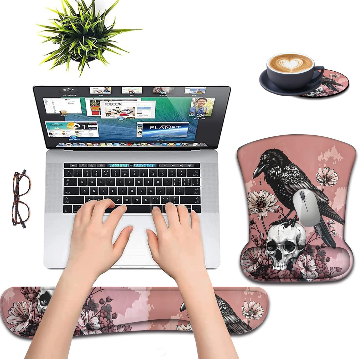 Soporte de muñeca para teclado + alfombrilla de mouse + combinación de posavasos, base de poliuretano antideslizante, con alfombrilla de mouse de memoria de gel, adecuado para juegos, juego de