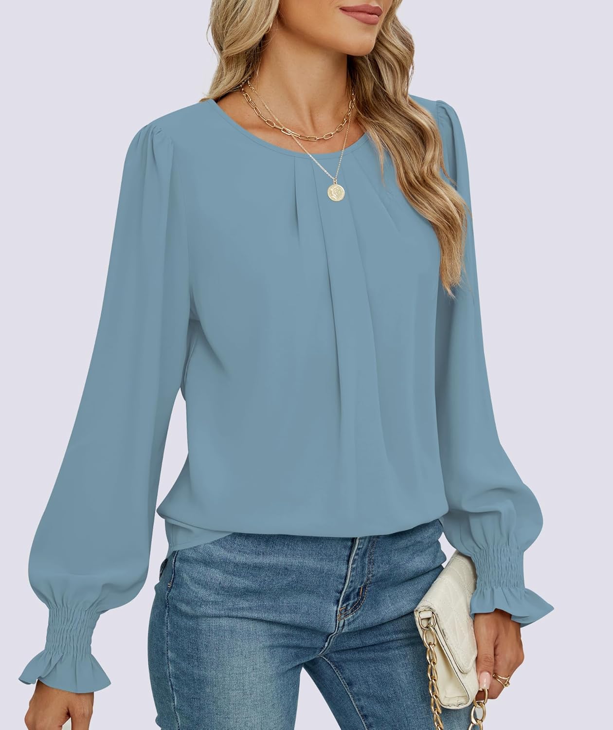 Funlingo Womens Tops Dressy Casual Smocked Long Sleeve Shirts Crew Neck Loose Chiffon Tunics Office Work Blouses - Image 4