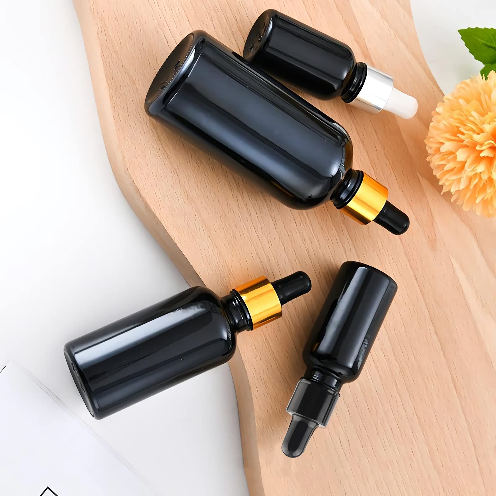 ZEOABSY 4 Pezzi Trasparente Opaco Bottiglie Contagocce Vetro 50ml, con Pipette Contagocce Vetro,anello a vite Nero, per Laboratorio,Olio Essenziale, Aromaterapia +1 imbuti +4 etichetta