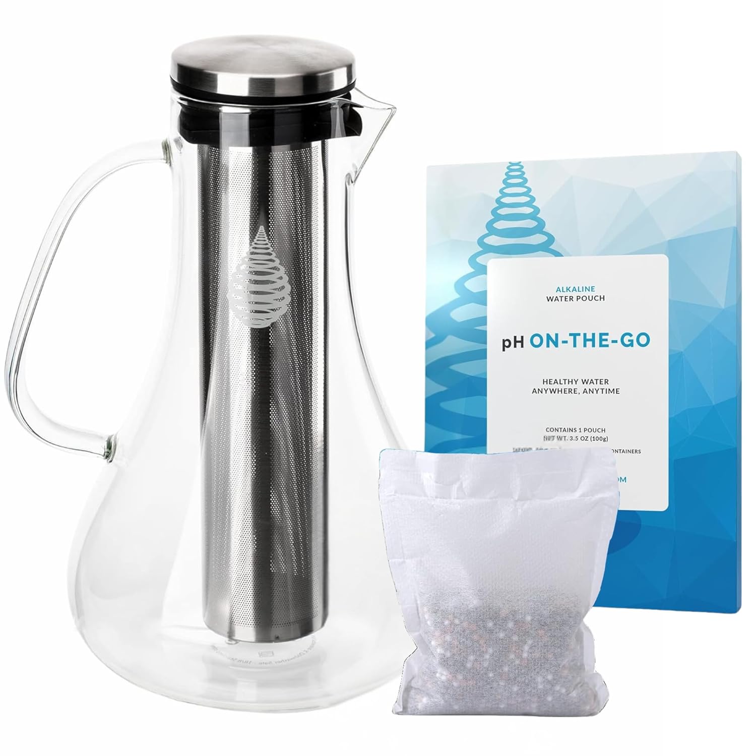 Invigorated Water – Alkaline Glass Water Filter Pitcher, High pH Purifier with 1 Alkalizer Filter Pouch (400-Liter Capacity), 7.5-Cup (1.8 Liter) for Drinking Water