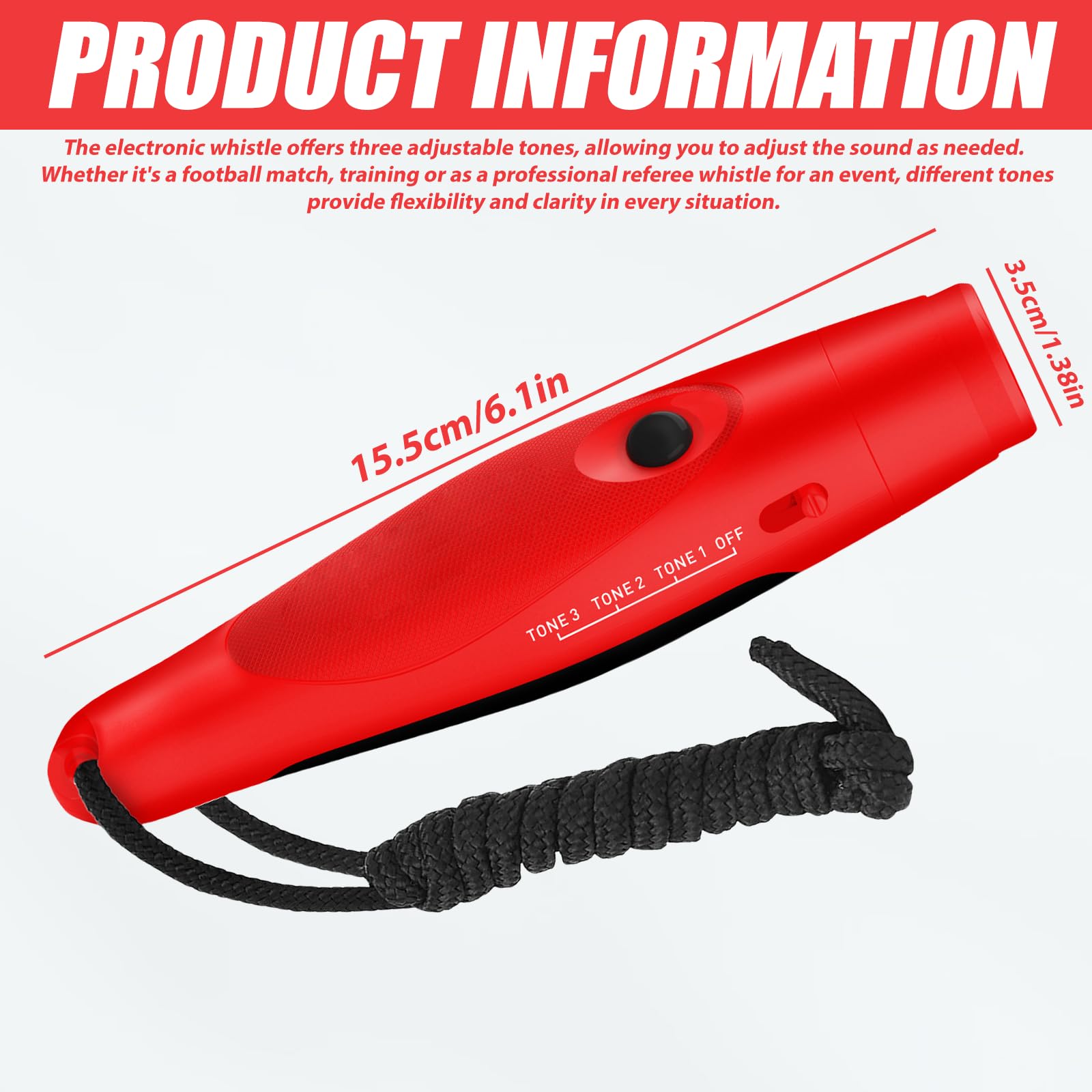 Silbato Electrónico Profesional 3 Tonos, Silbato de Árbitro Portátil Ajustable (Rojo)
