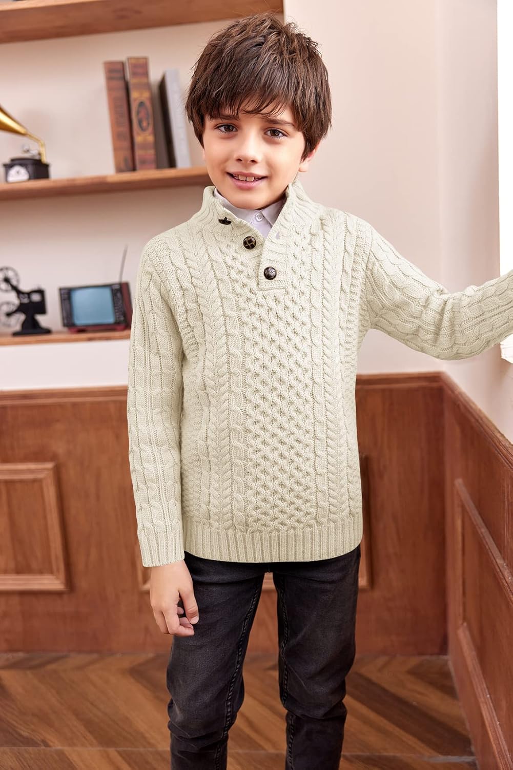 Makkrom Kids and Boys Mock Neck Pullover Sweater Long Sleeve Button Cable Knitted Jumper - Image 3