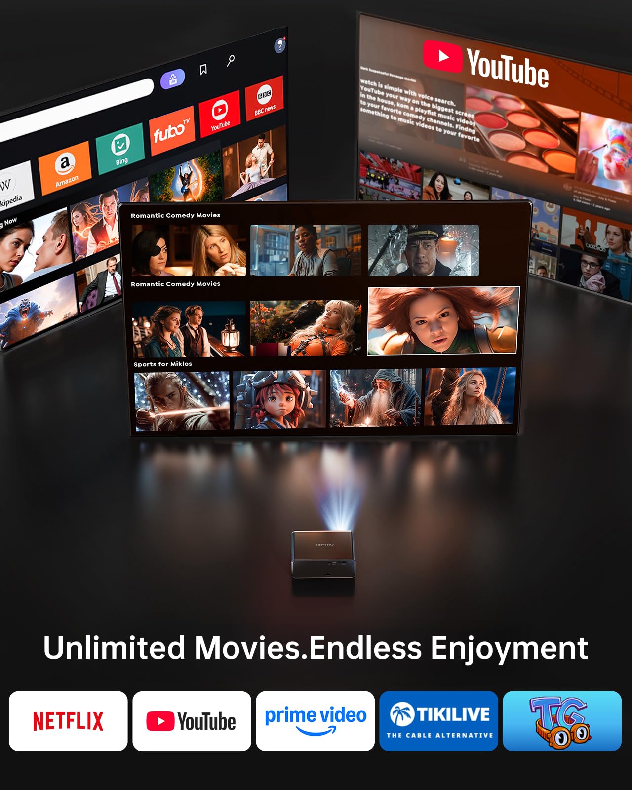 Smart Beamer 4K – [kompatybilny z Netflix & Dolby Audio] 1000 ANSI autofokus i korekcja trapezu 6D, projektor TOPTRO kino domowe 4K WiFi 6/Bluetooth Full HD 1080p HDR10 projektor zewnętrzny do