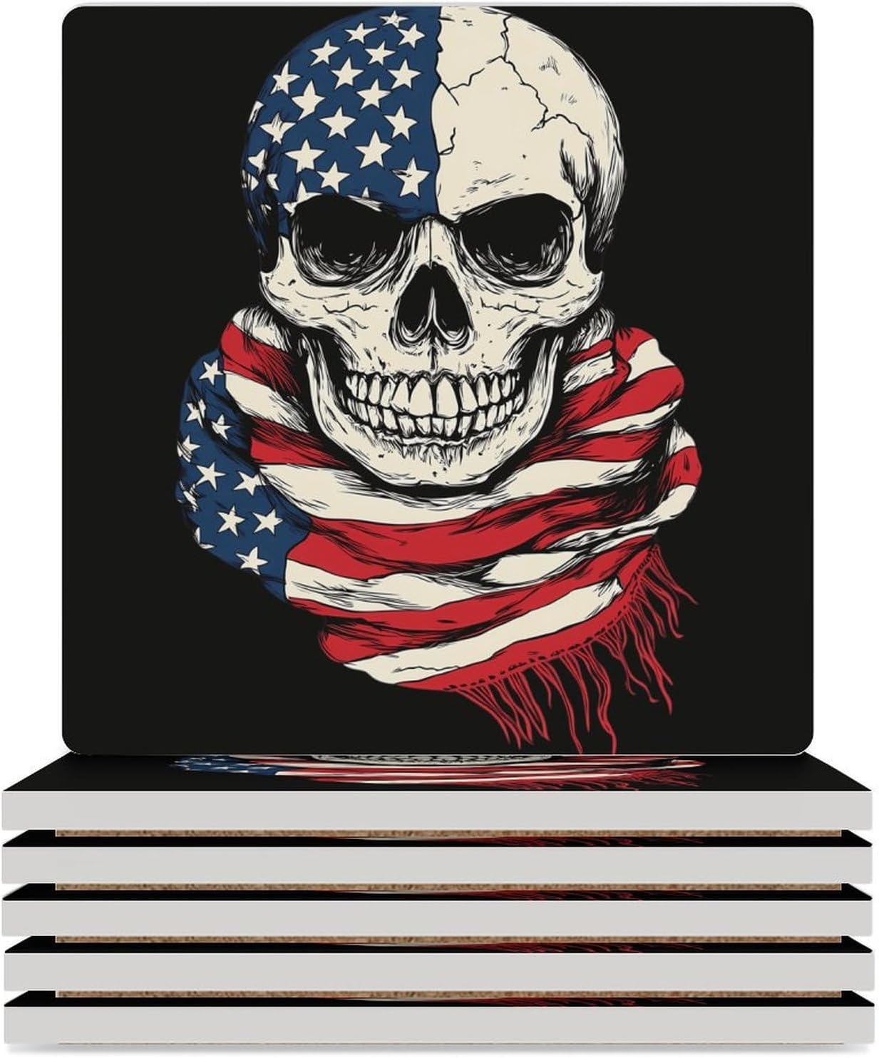 USA Flag Skull Scarf Ceramic Coasters Square Drinks Coaster Coffee Table Decor Table Coaster for Home Bar