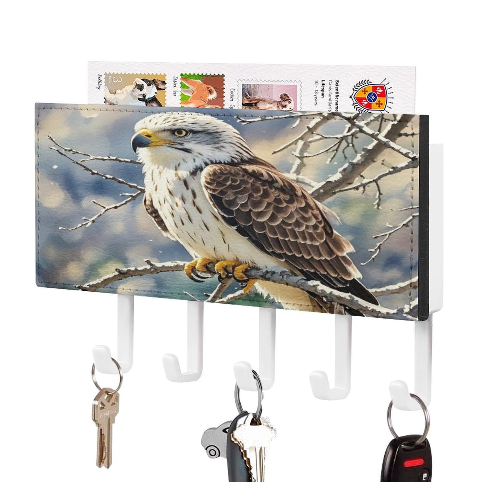 Vstadank White-Style Hawk Key Holder Wall Mount Pu Key Rack Decorative Key And Mail Holder Wall Key Organizer With 5 Key Hooks Key Hanger For Entryway Kitchen Living Room Office Doorway Decor White