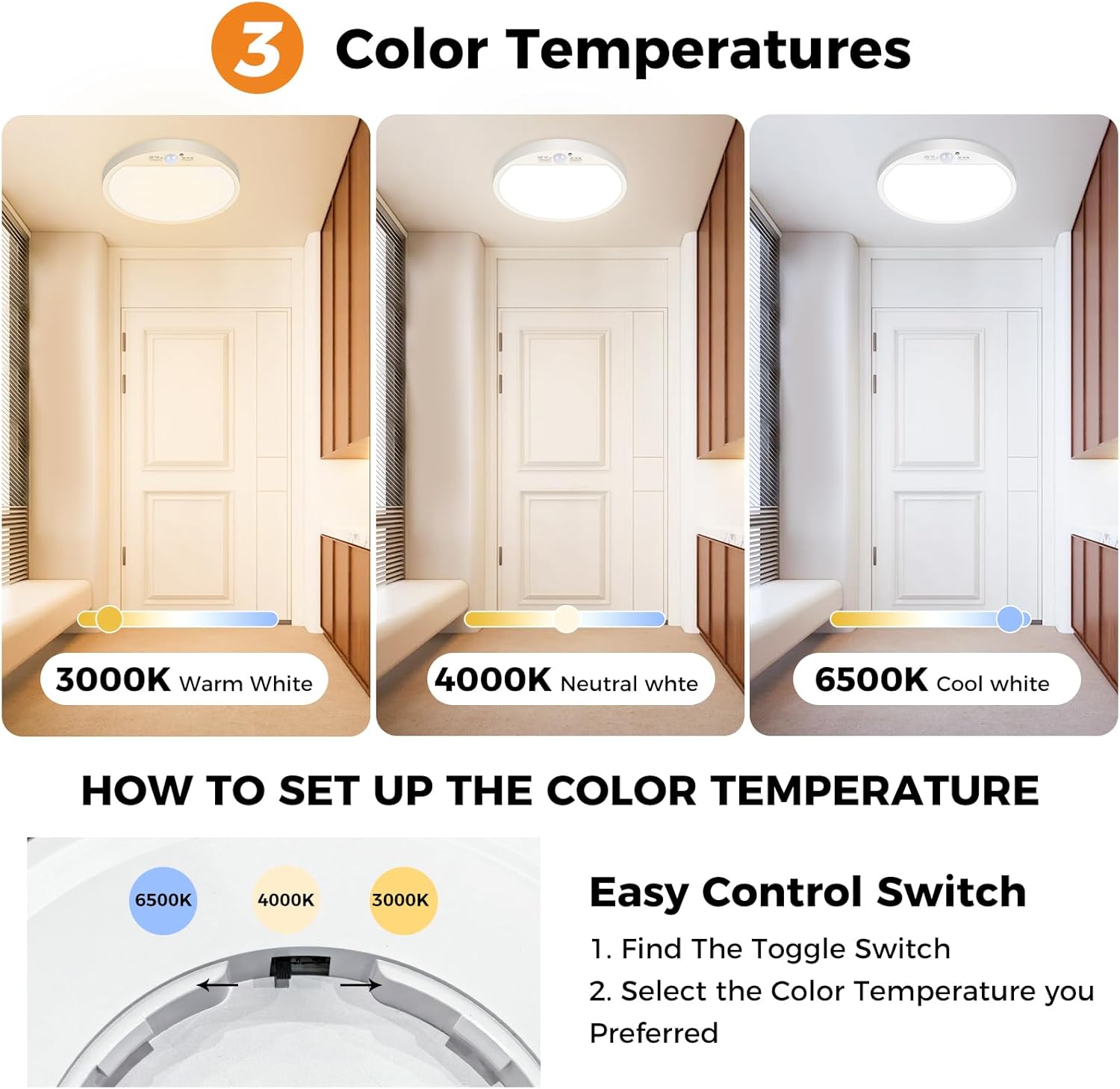 slochi Motion Sensor Light Indoor Wired, 8.7 Inch 3000K/4000K/6500K Closet Lights Motion Sensored, 18W 1800LM Flush Mount Ceiling Light for Hallway Pantry Stairwell Porch, White