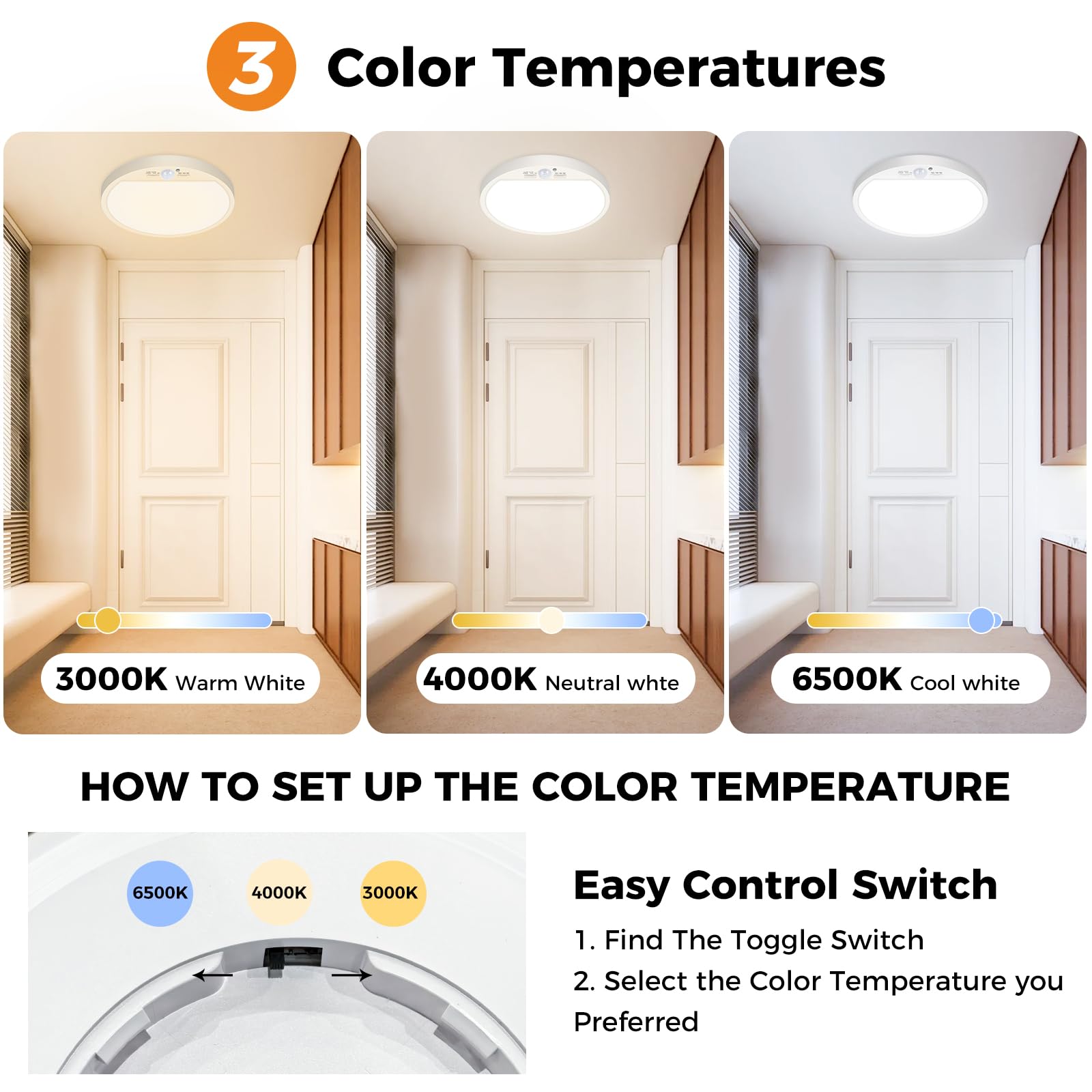 slochi LED Ceiling Light with Motion Sensor, 3000K-4000K-6500K & 100W Equivalent Motion Sensor Lights Indoor - Image 2