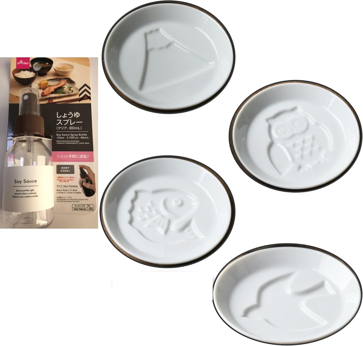 Soy Sauce Spray Bottle and Four White Porcelain Soy Sauce
