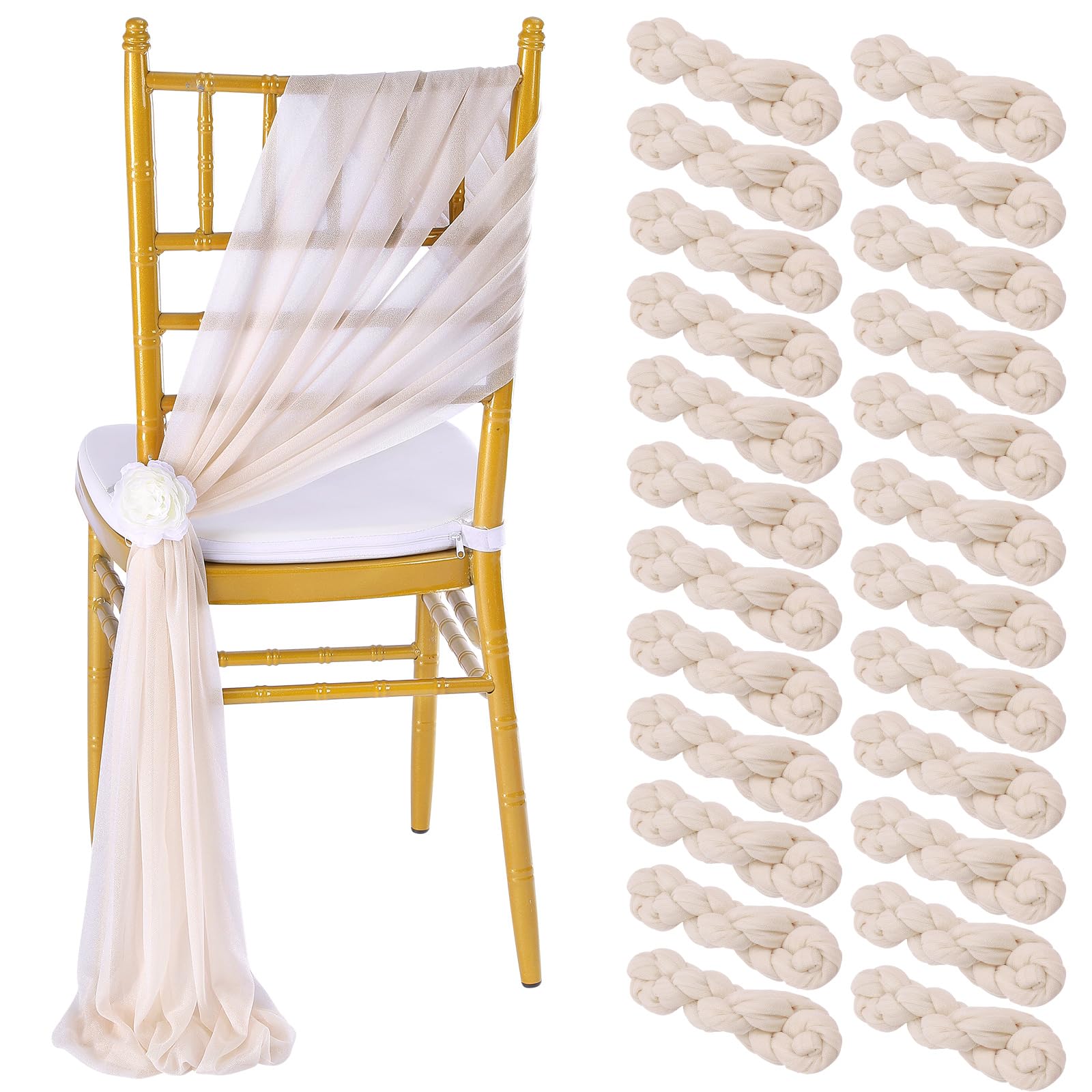 Champagne Chair Sashes 24 PCS Tulle Chair Cover 8ft Long Wedding Banquet Decorations for Aisle Back and Side of Chair Sheer Drapes Fabric