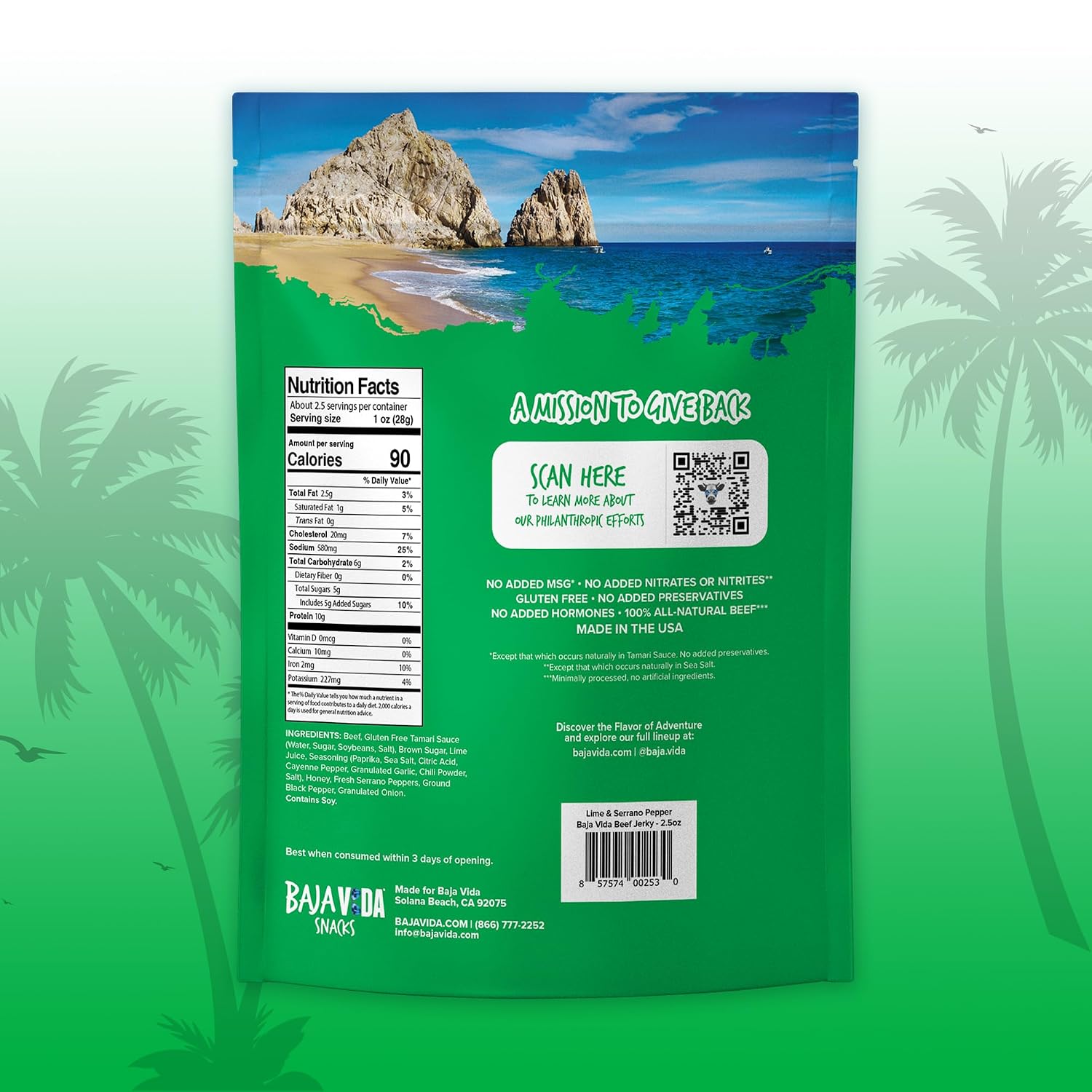 BAJA BEEF Baja Vida Lime & Serrano Pepper Beef Jerky - Sweet and Spicy Beef Jerky Snack Packs, Healthy Jerky, Gluten-Free, All-Natural Beef, No MSG, Made in the USA - 2.5 Oz Bags (Pack of 3)