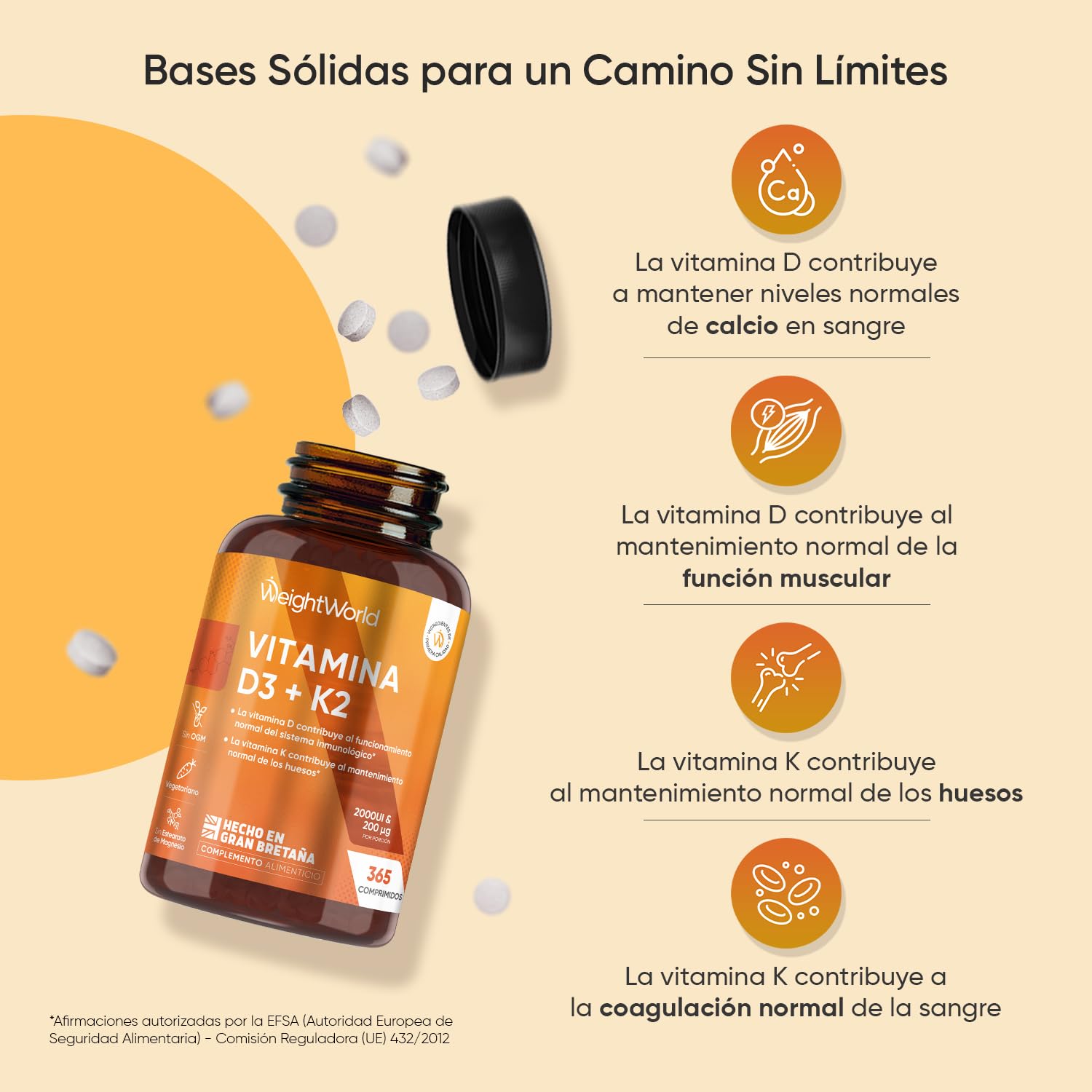 Vitamina D3 y K2 2000 UI + 200 µg - 365 Comprimidos de Vitamina D y MK7 - La Vit D contribuye al mantenimiento de los huesos en condiciones normales (EFSA), Vegetariano y Sin OGM