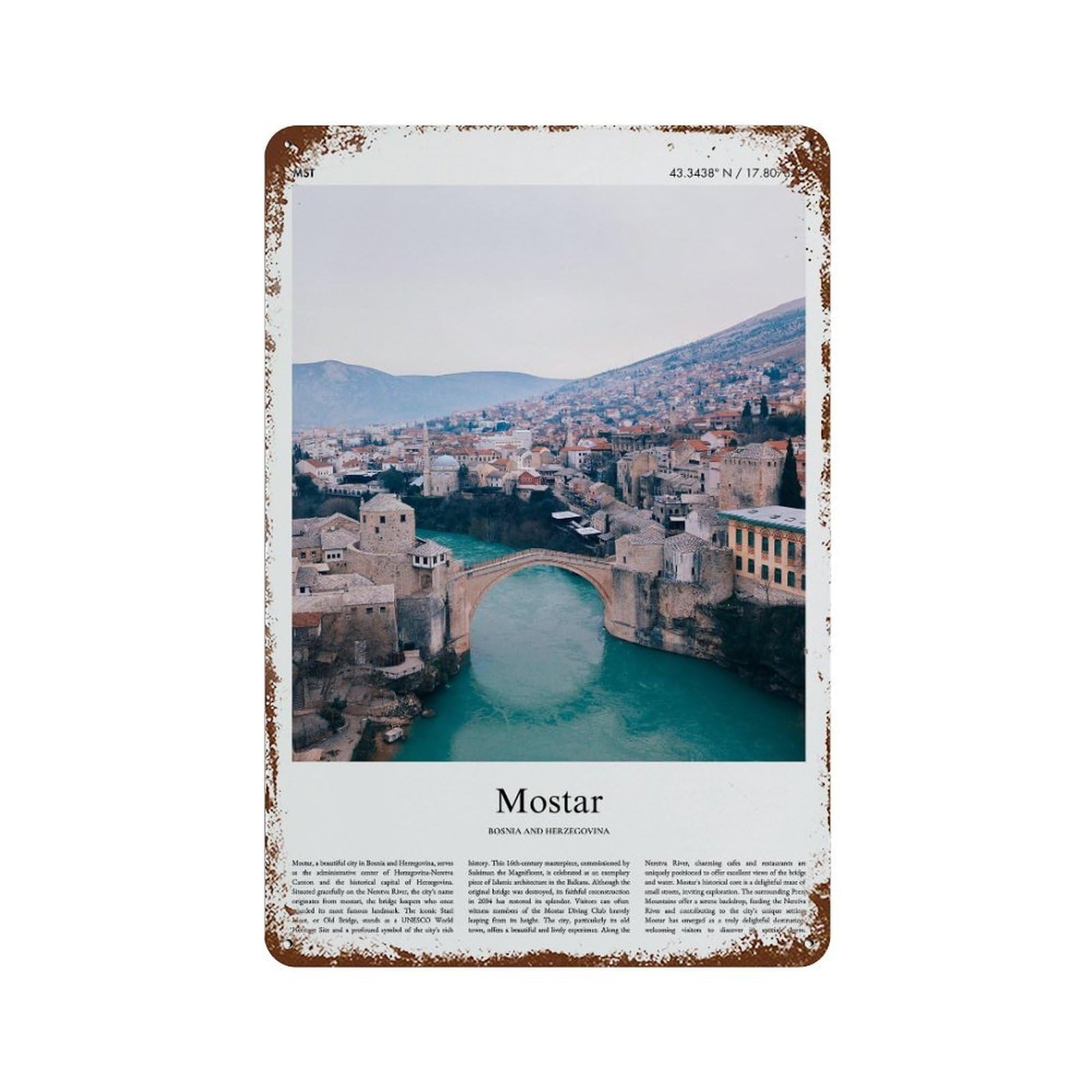 xiaoxiaoshen Mostar Bosnia And Herzegovina City Scenery Wall Decor Art Metal Tin Poster Modern Home Decor Art Home Bar Shop Decorations Vintage Sign 30x20cm