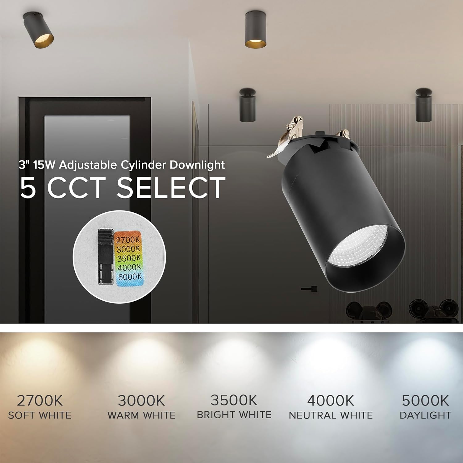 Maxxima 3 in. LED Cylinder Downlight, Recessed Ceiling Spot Light, 900 Lumens, 5 CCT Selectable 2700K/3000K/3500K/4000K/5000K, Dimmable, Black, 90 CRI, IC Rated, Canless, J-Box Included