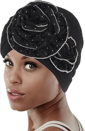 Bohend African Black Turban Flower Stretchy Women Head Wraps Rhinestone Elastic Head Scarf for Head Covering