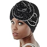 Bohend African Black Turban Flower Stretchy Women Head Wraps Rhinestone Elastic Head Scarf for Head Covering