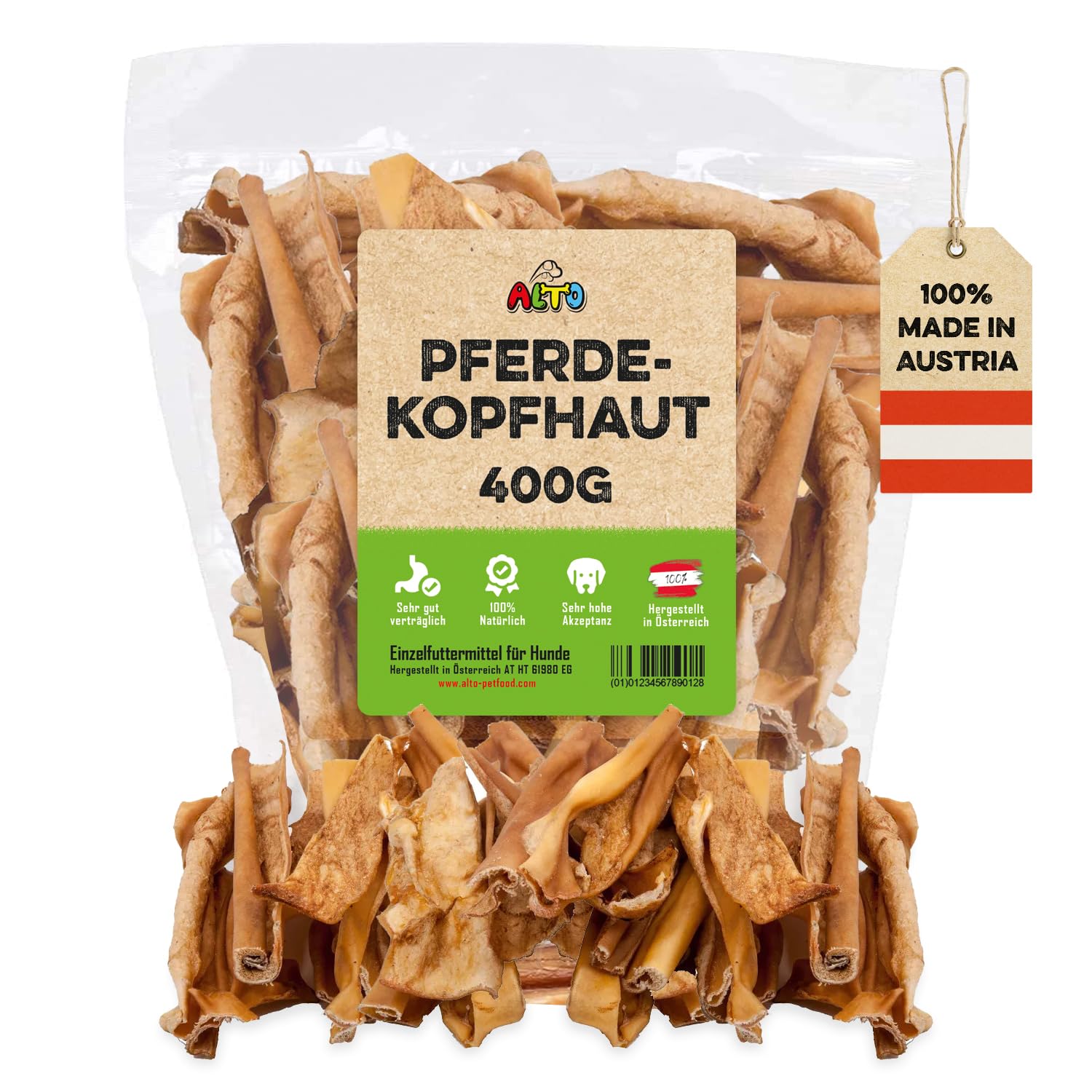 ALTO - Premium Pferdekopfhaut für Hunde - Hypoallergene Hunde Kauartikel - Hundeleckerli für Allergie beim Hund - Qualität aus Österreich - 400g
