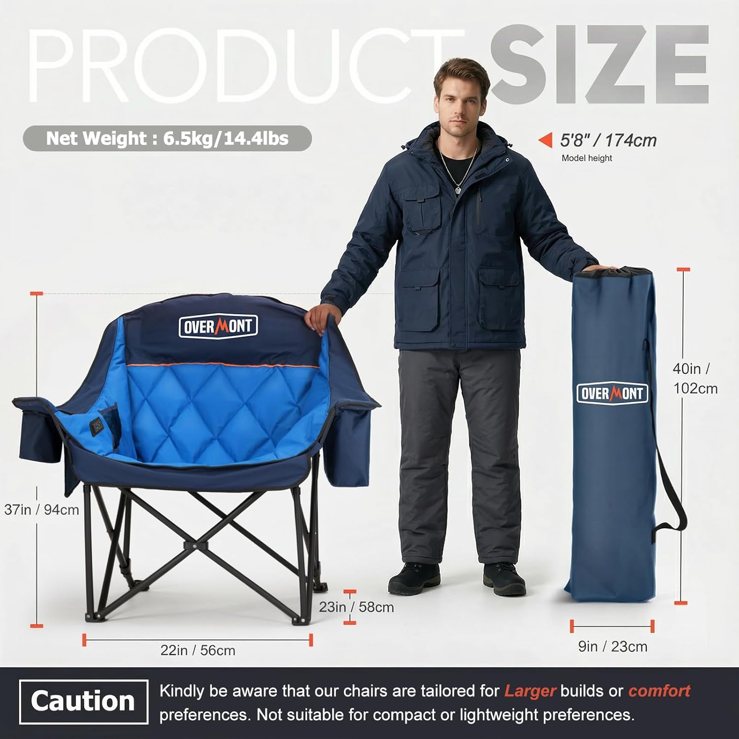 Overmont Oversized Camping Chair for Adults - 400lbs Support Heavy Duty Padded Folding Chair with Cooling Bag Cup Holder Side Pocket Carry Bag - Comfortable Portable for Outdoor Garden Sports Beach