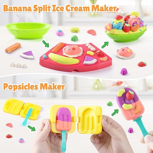 Miniatura 6 de PLAY Juego de masa de arcilla con máquina para hacer helados, máquina para hacer fideos, molde de helado dividido de plátano, creaciones de cocina,