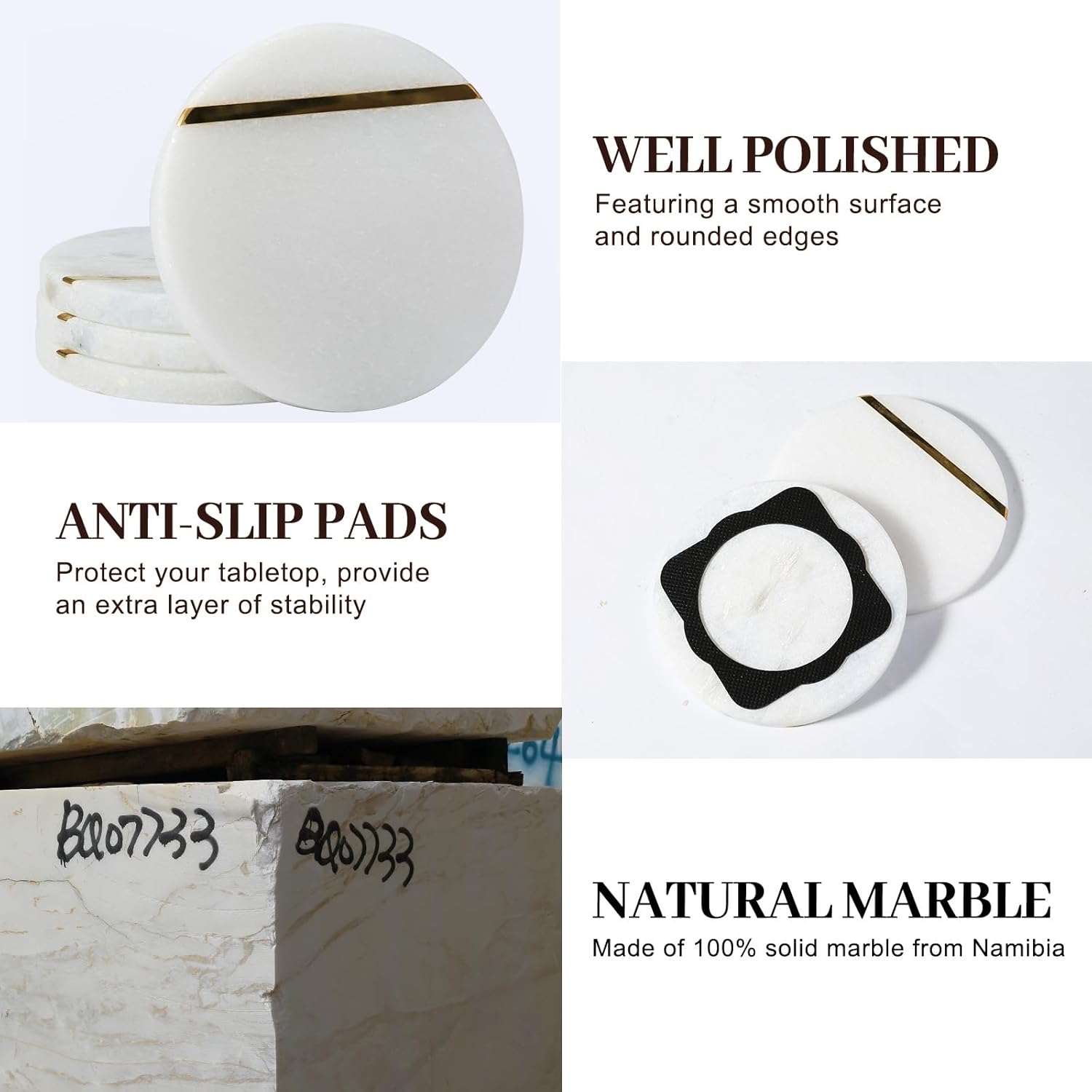 Koville Marble Coaster Set of 4, Round Coasters, 4" Stone Coaster for Drinks Coffee, White Marble with Gold Brass Coasters for Coffee Table Home Bar Decor, Heat Resistant, Gift Choice - Image 3