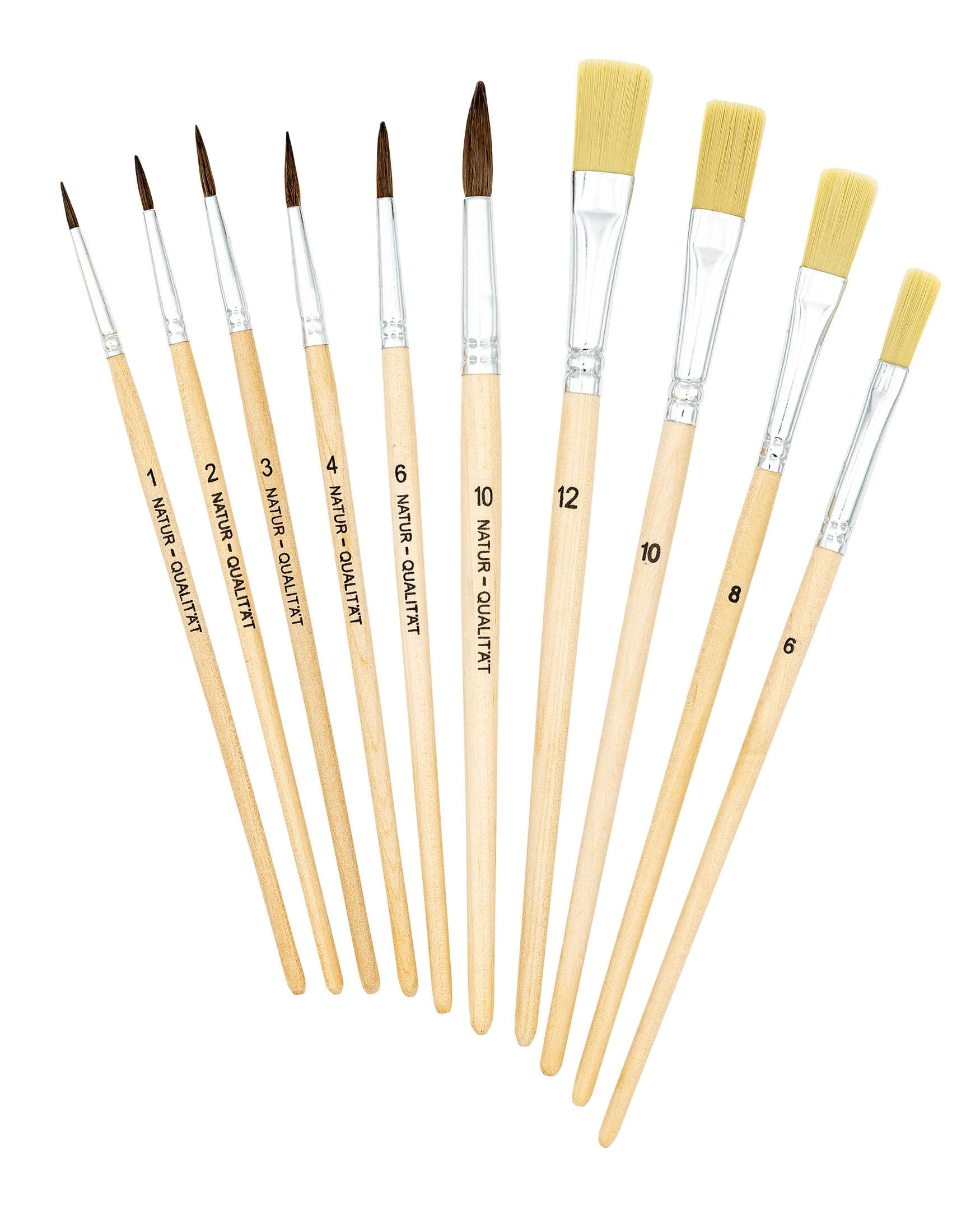 K3T Pinsel-Set 10tlg (Borstenpinsel Größe 6, 8, 10 und 12 - Haarpinsel Größe 1, 2, 3, 4, 6 und 10), Schaft naturbelassen, Art.Nr. 49410
