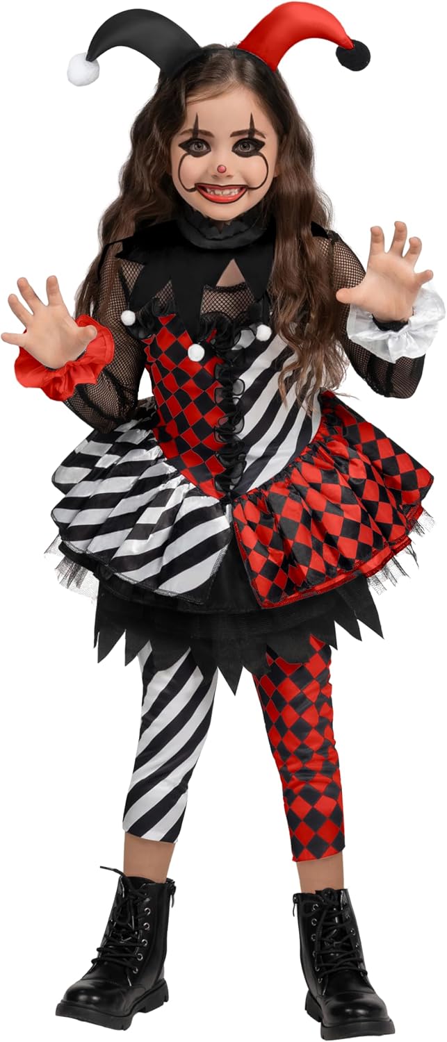 Spooktacular Creations Girls Clown Costume, Halloween Evil Clown Costume, Black and White Jester Dress for Girls Halloween