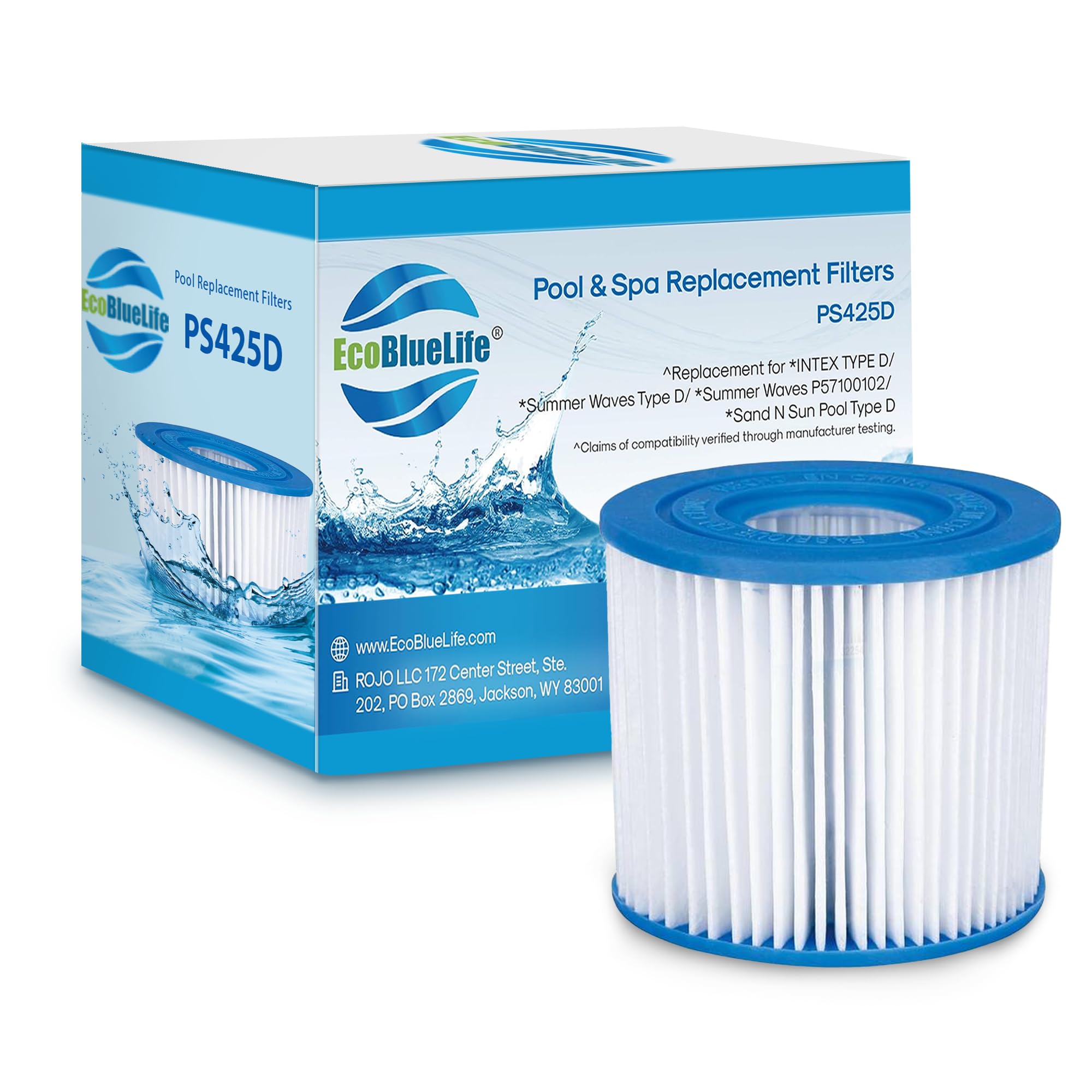 EcoBlueLife Pool Replacement Filters - Compatible with Intex Type D, Summer Waves P57100102 & More - Pool Cartridge, Small Fiber Filter, Pool Cleaning Stand, Pool Filtration System (PS425D)