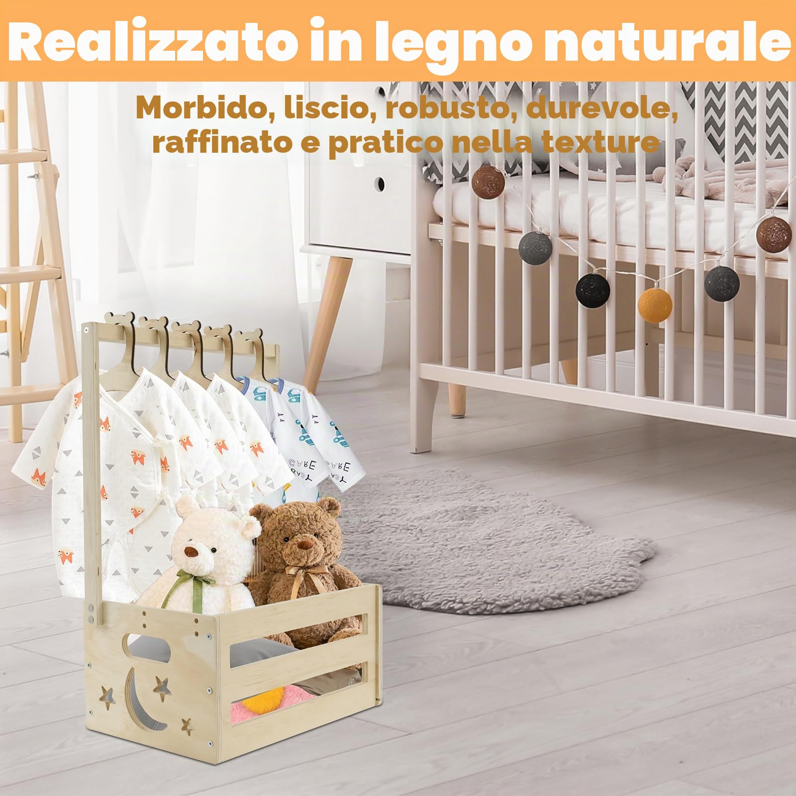 Cesto regalo per bambini in legno cestino armadio per bambini con manico e 5 grucce in legno baby shower armadio per compleanni Natale nuovi genitori
