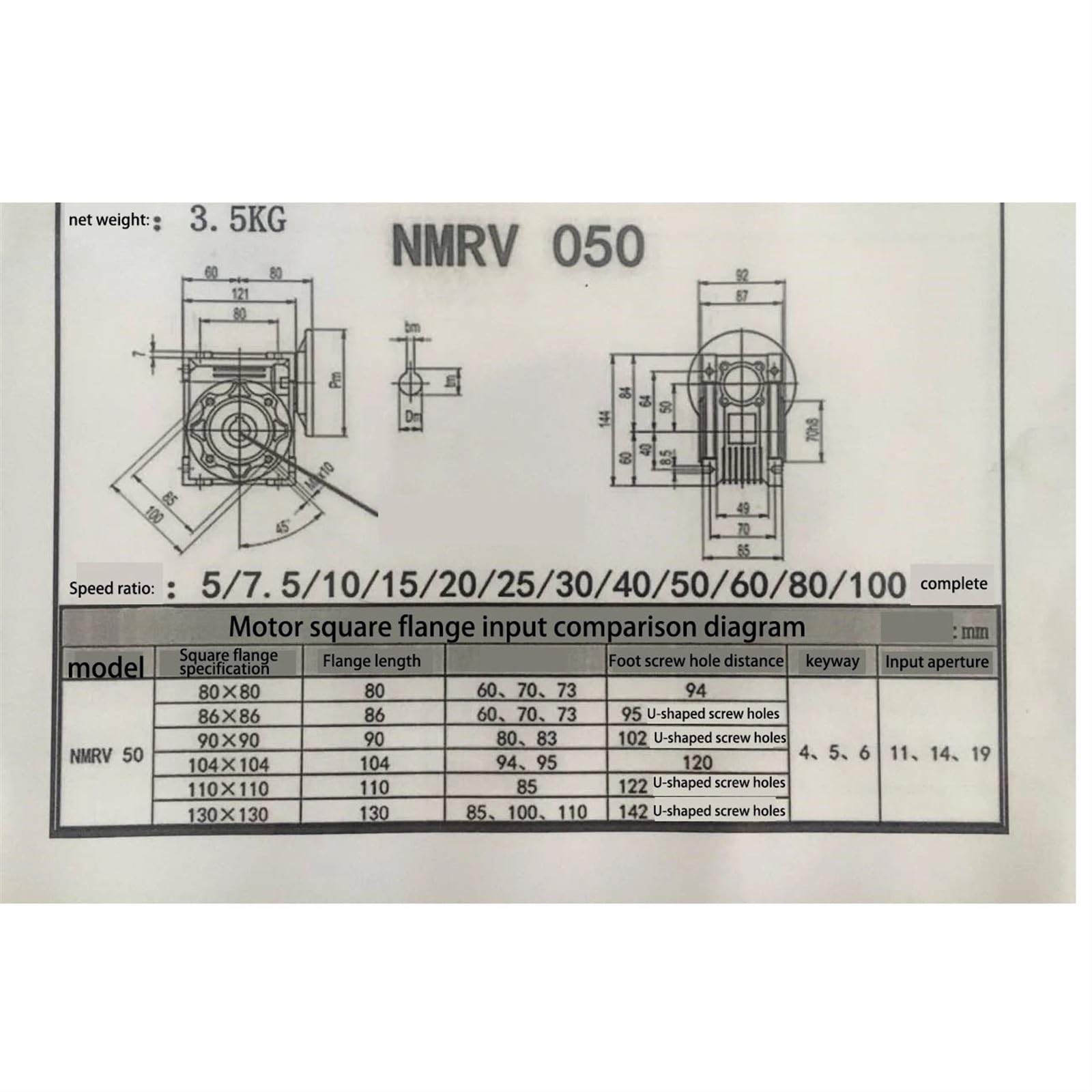 Motorreductor de velocidad monofásico RV50 de 140 W y 220 V CA con marco de 104 x 104 mm y regulador de velocidad. controlador(22RPM)