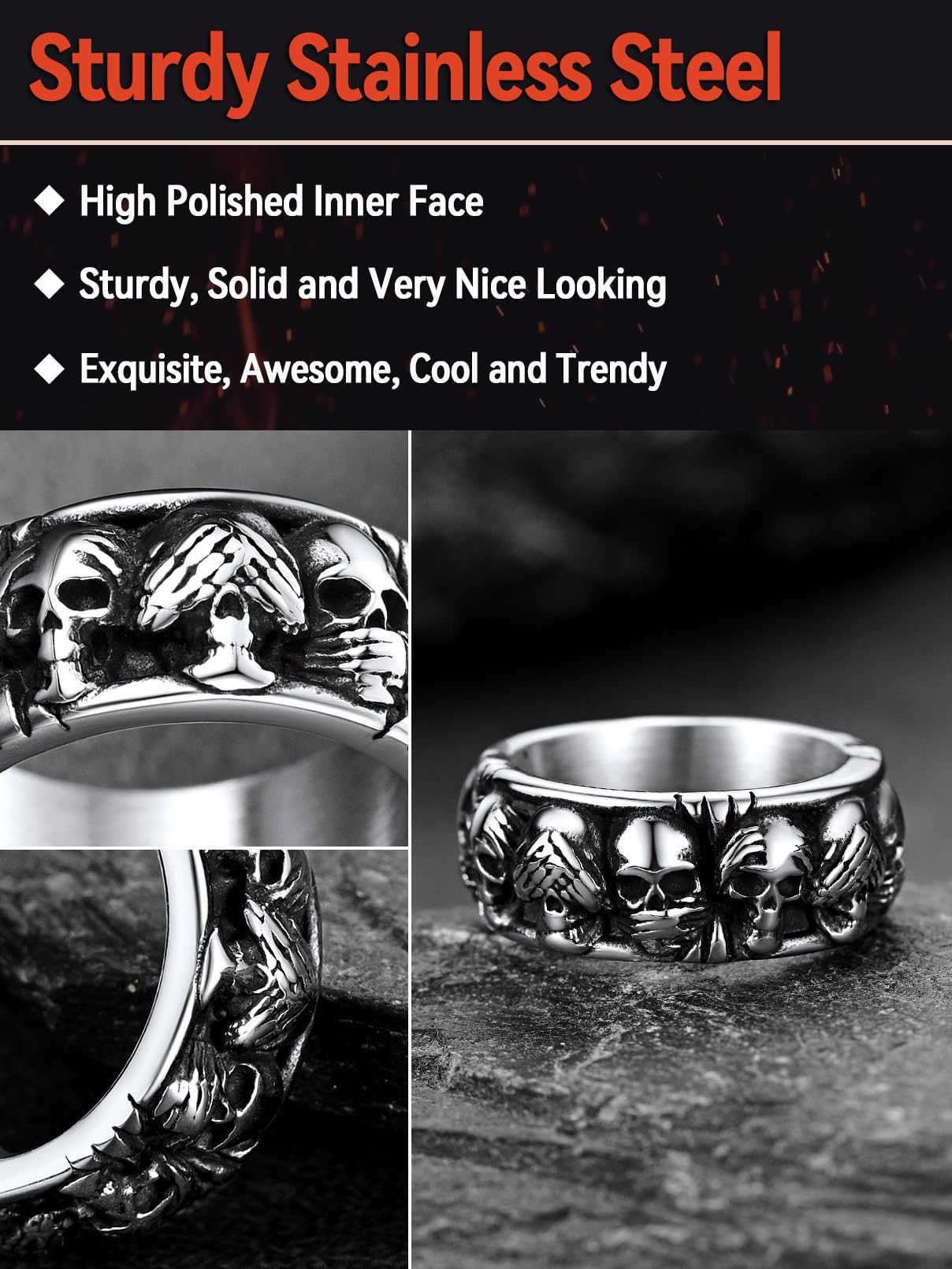 FaithHeart Herren Ringe，Punk Gotik Totenkopf Fingerring,Skull Skelett Ring, Edelstahl Vintage Biker Fingerring, 8 Ringgröße wählbar,Totenkopf Schmuck für Halloween Geburtstag