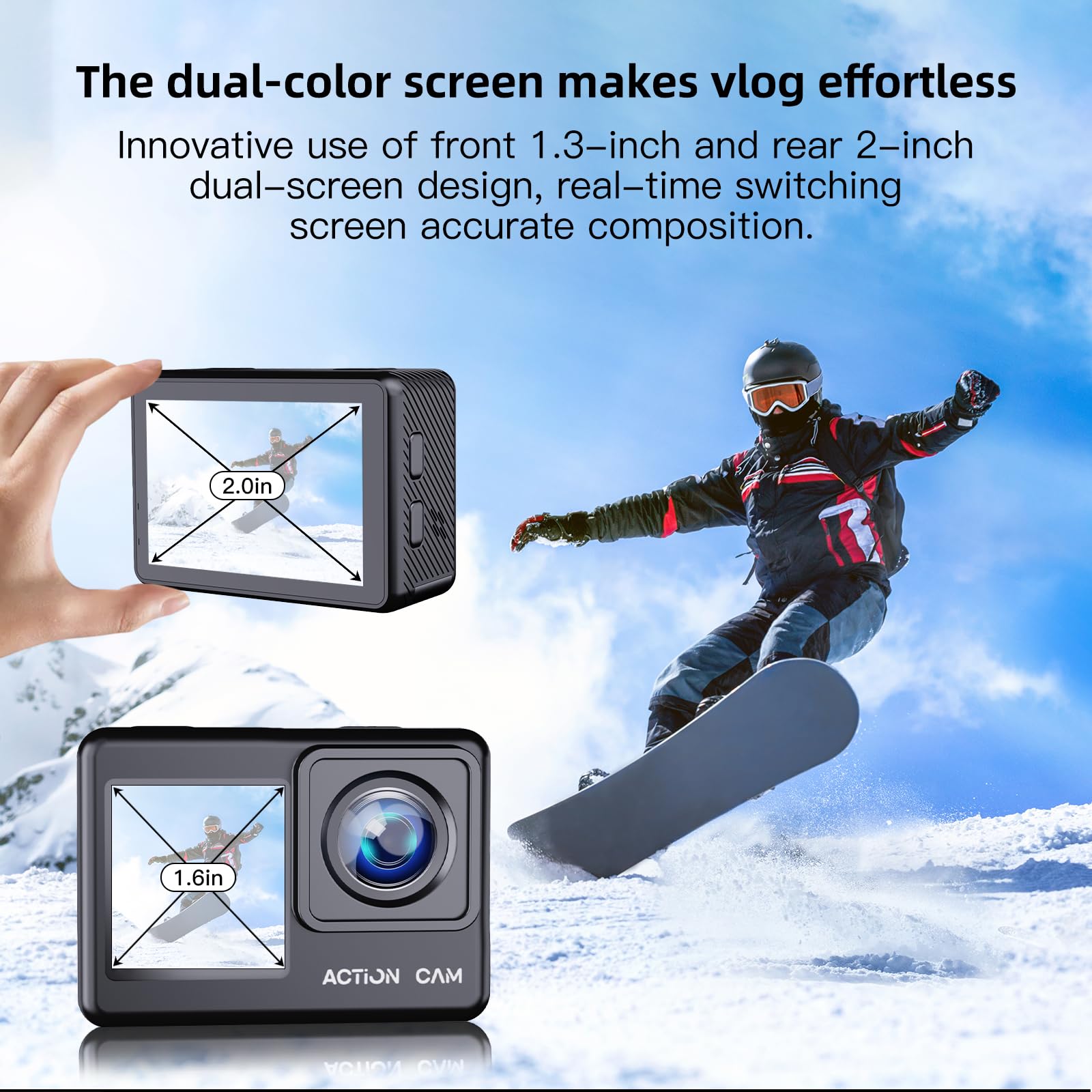 Cámara Deportiva 1080P FHD 16MP, Cámara Acuática con Doble Pantalla de 2" y 1.3", Sumergible 40M para Vlogging y Buceo, Incluye Tarjeta SD 32GB, 2 Baterías de 1050mAh y Accesorios（Negro）