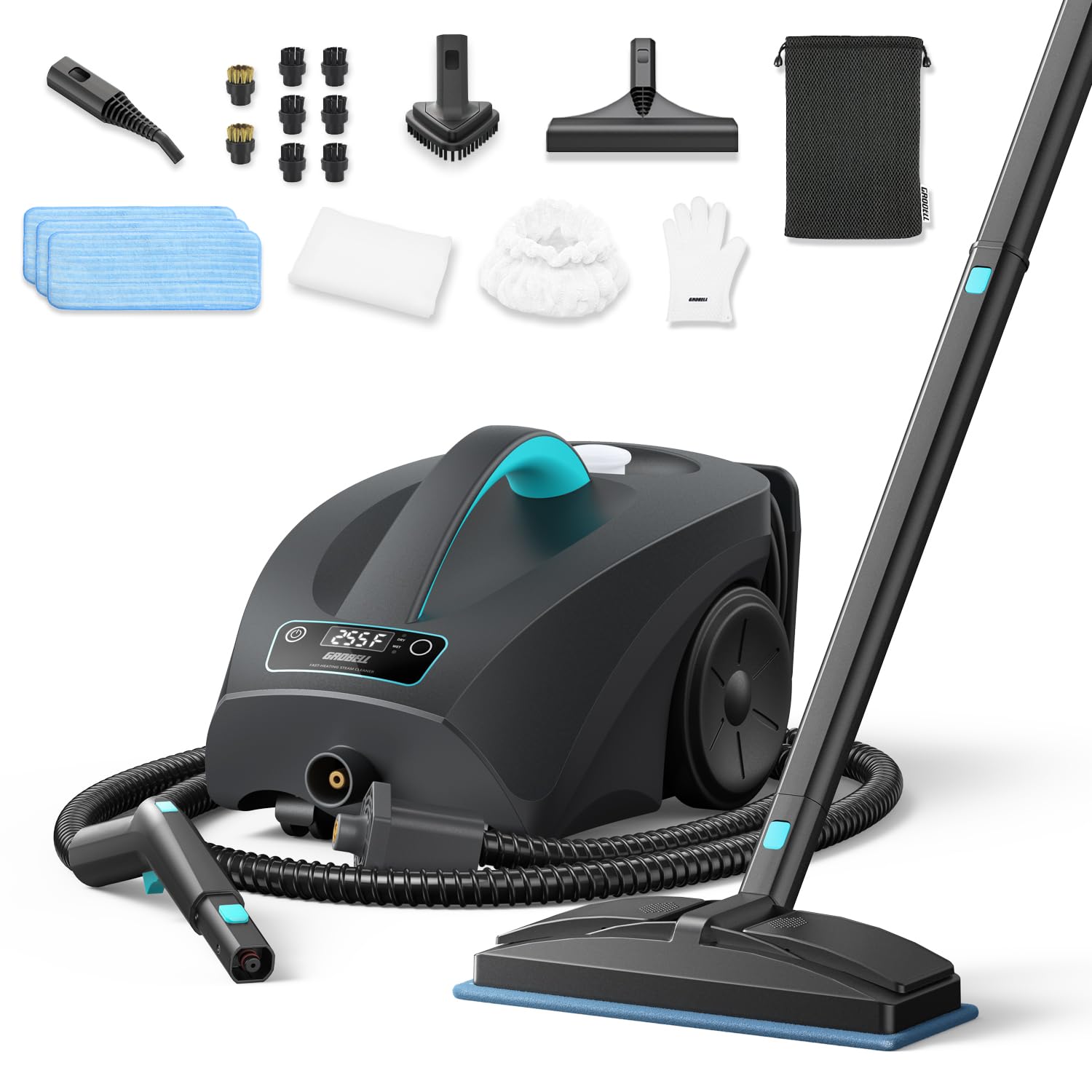 Steam Cleaner: 40s Fast Heating-0.66Gal (2.5L) Large Tank-21 PCS Kit-No Cooling-Refill Anytime-Detachable Hose Steamer Mop for Home Grout Tile Shower Floor Cleaning Black