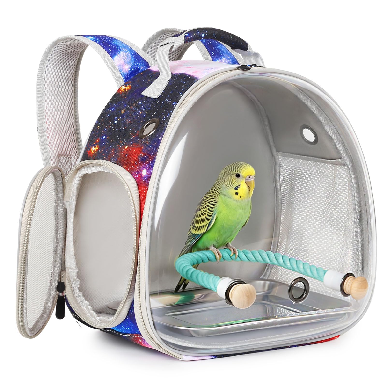 Small Bird Travel Carrier Backpack for Parakeet, Budgies, Cockatiel, Conure, with Clear Windows, Galaxy Print