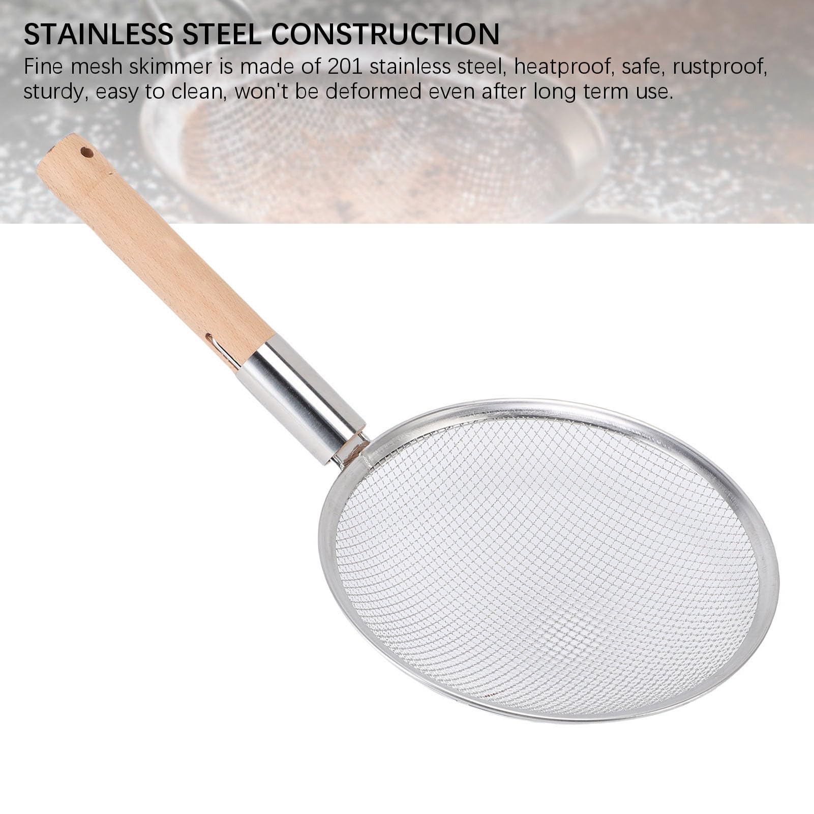 Generic Cucchiaio per Schiumarola a Maglia Fine Cucchiaio per Filtro in Acciaio Inossidabile con Manico in Legno per Rimuovere L'olio da Cibi Fritti e Piatti in Umido (26CM)