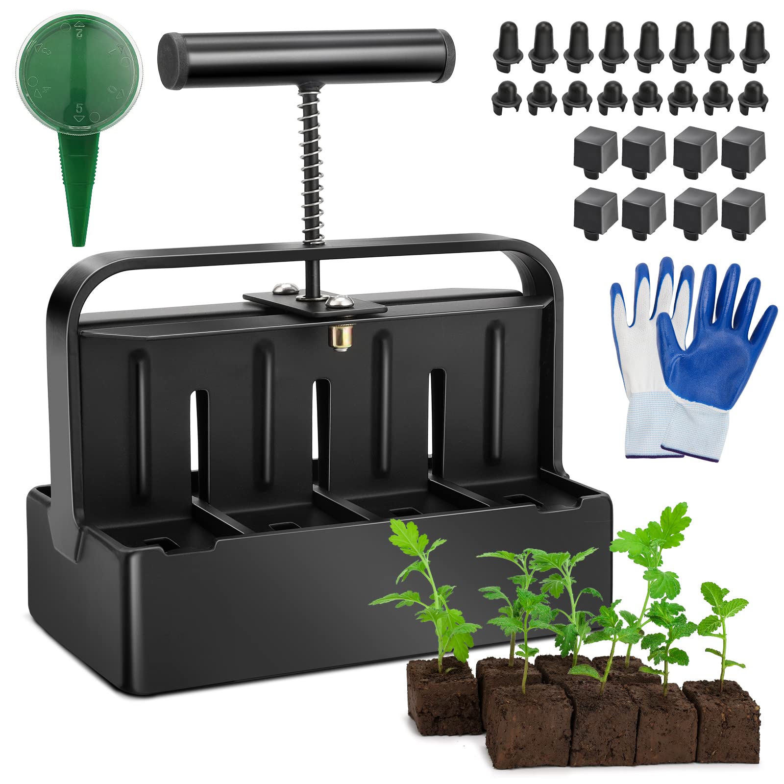 Soil Blocker, 8 Cell Soil Block Maker 2 Inch Soil Blocking Tool for Seed Starting Germination, Smooth Bottom Soil Blocker Set(Include Seed Sower & Gloves), Seedling Transplant no Damage Root