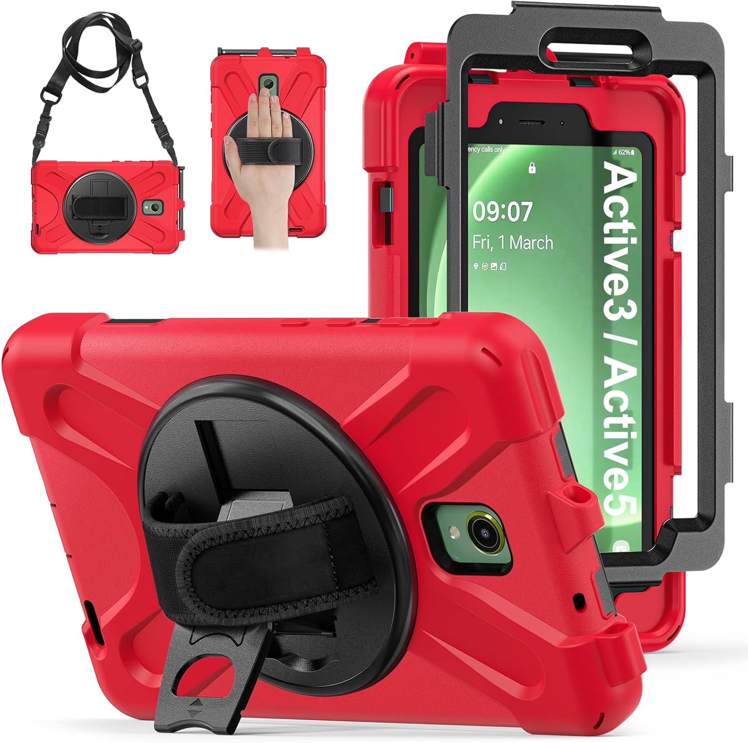 Compatible with Samsung Galaxy Tab Active 5/Tab Active 3 8 Inch (SM-X300/X306B/T570/T575) - Heavy Duty Shockproof Rugged Case with Kickstand, Shoulder Strap, Handle & Anti-Slip Grip (Red)