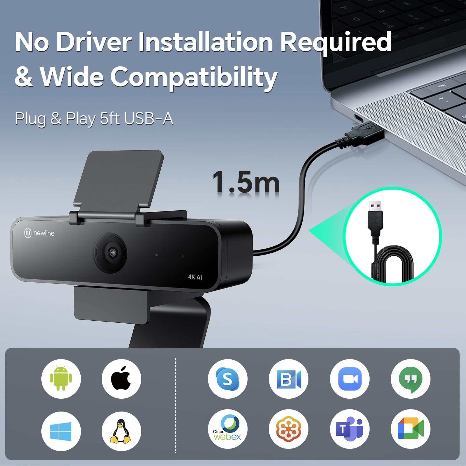 4K AI Webcam für PC, AI Presenter Tracking Webcam mit Mikrofon, Gestensteuerung, PC Webcam mit Zoom, Einstellbares Sichtfeld, Privatsphäre Abdeckung Kamera, PC Kamera für Laptop, Zoom,