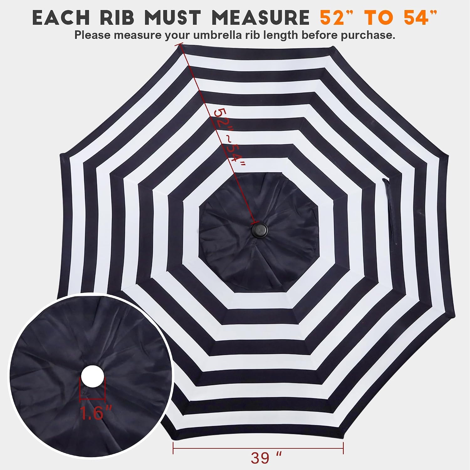 Condition photo showing New/Like New for blissun 9ft patio umbrella replacement canopy, market umbrella top, outdoor table umbrella canopy for 8 ribs, canopy only black & white stripe