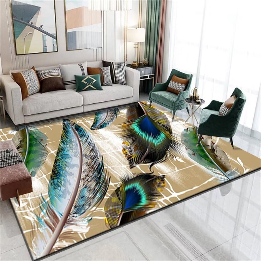 Tapis lavable bleu 60x110cm en motif de plumes pour chambre enfant