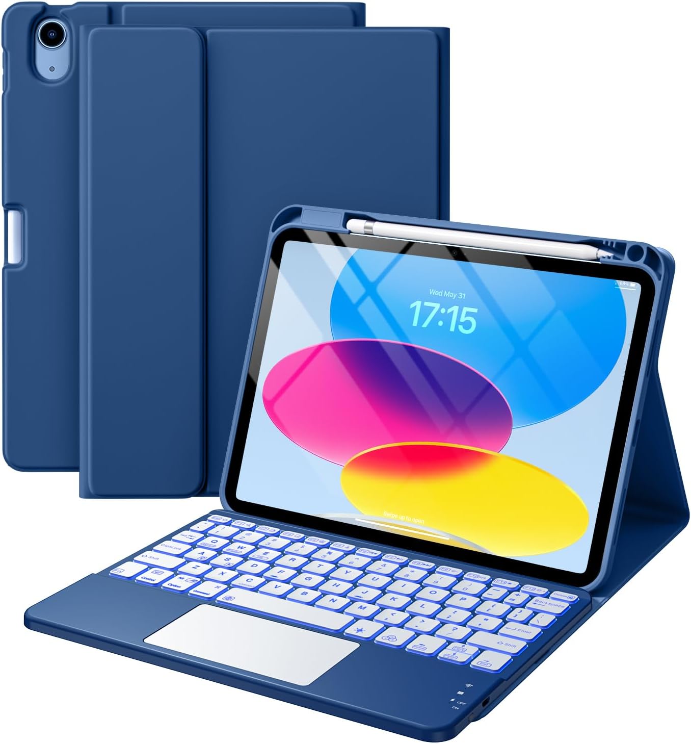 Harvopu for iPad A16 11th/10th Generation Case with Keyboard, Folio Cover | Multi-Touch Trackpad, 7 Colors Backlit, Detachable Keyboard for iPad A16 11 inch/10th Gen with Pencil Holder, Navy Blue