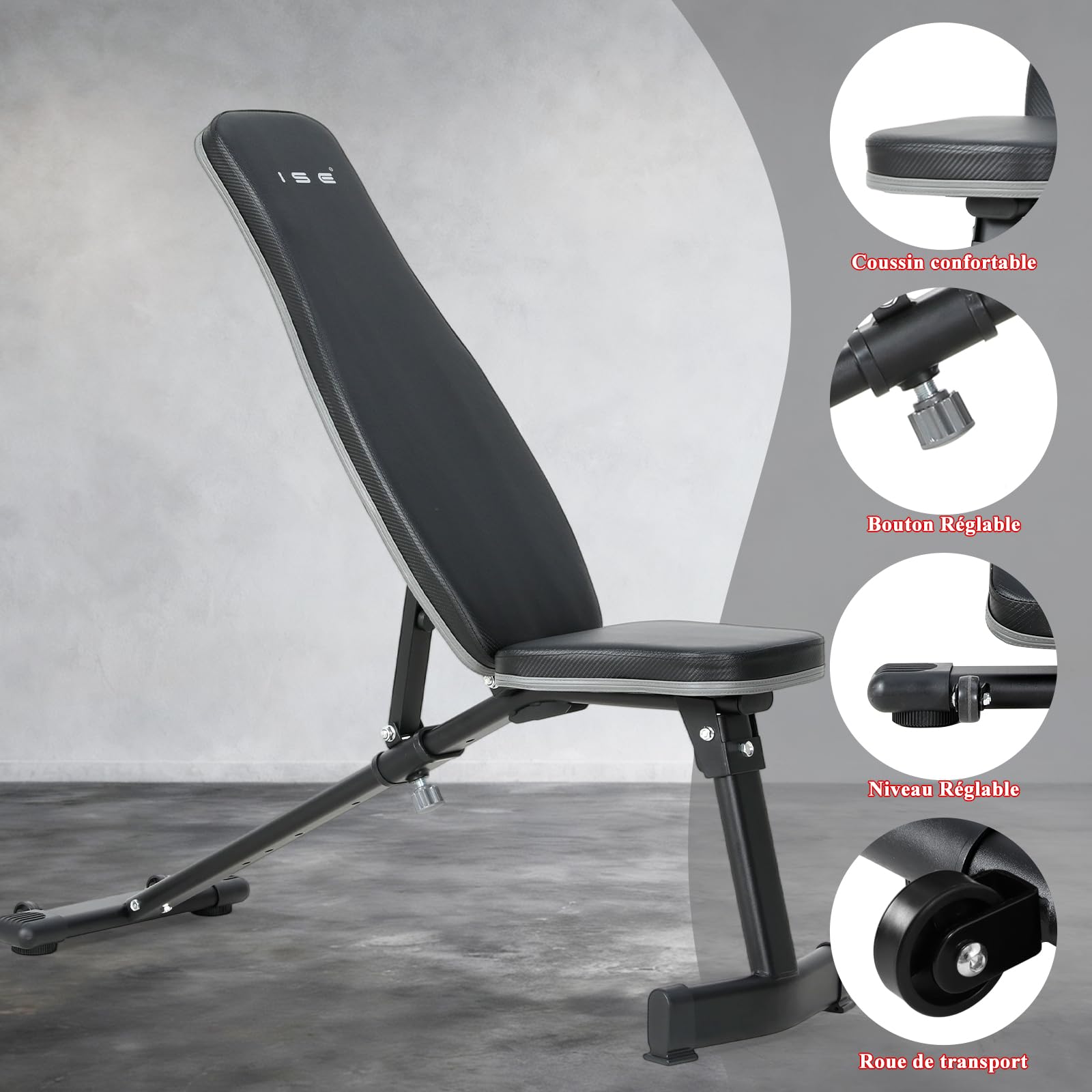 ISE Banc Musculation Pliable Complet Inclinable, Banc de Musculation Complet Pliable Multifonction, Banc Abdominaux&Bancs de Musculation 6 Positions Réglable(-25°-100°), Bench Musculation/Banc Muscu