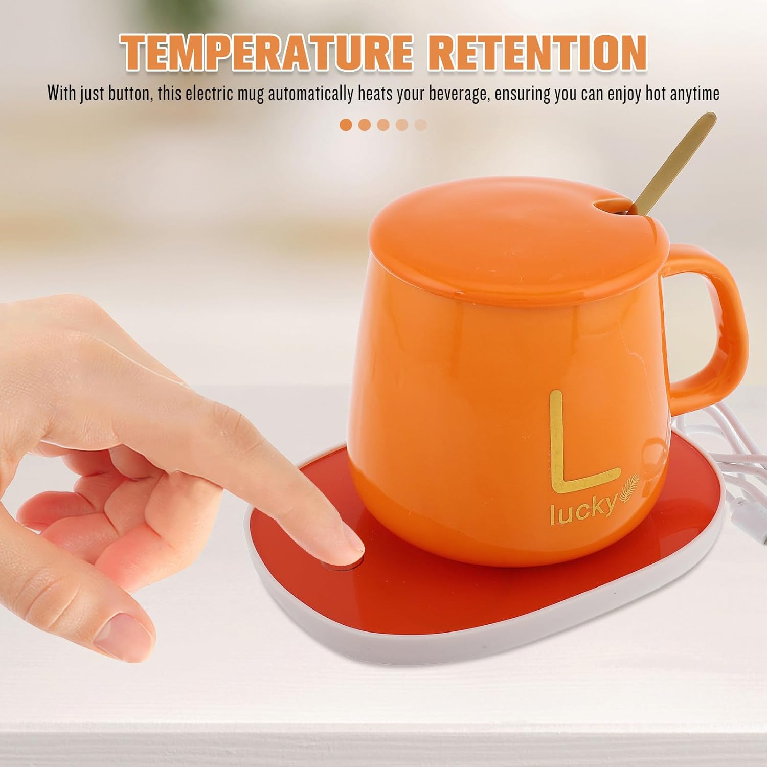 Electric Mug Warmer USB Travel Mug Warmer Set with Ceramic Coffee Cup Automatic Temperature Control for Office and Home with Lid and Spoon Orange