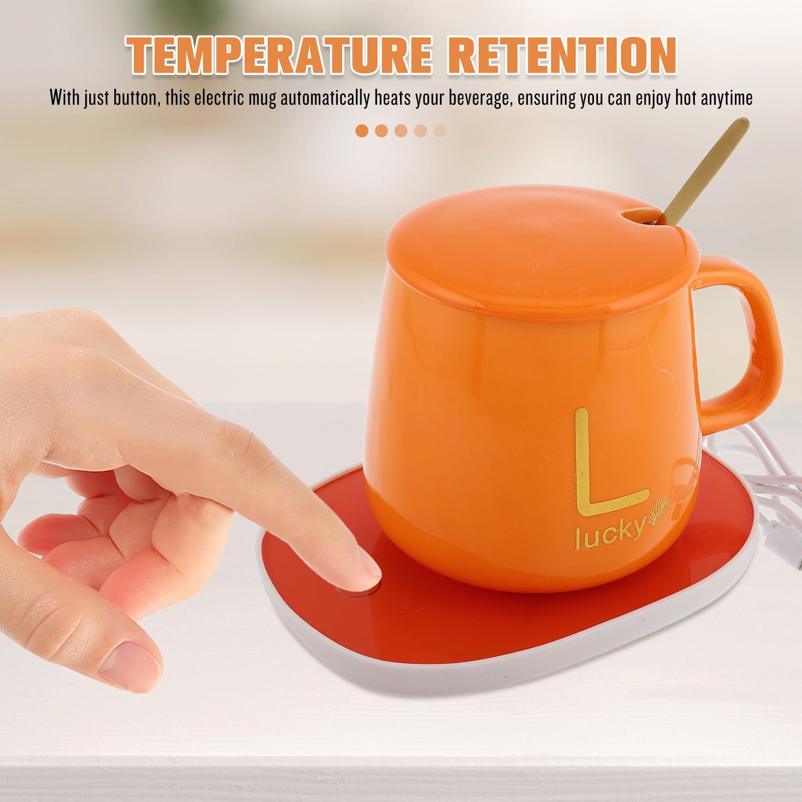 Calentador Eléctrico de Tazas de Cerámica Naranja con Apagado Automático Taza de Viaje Termo USB 5v Mantiene Bebidas Calientes para Café Té y Chocolate Adecuado Obsequio para