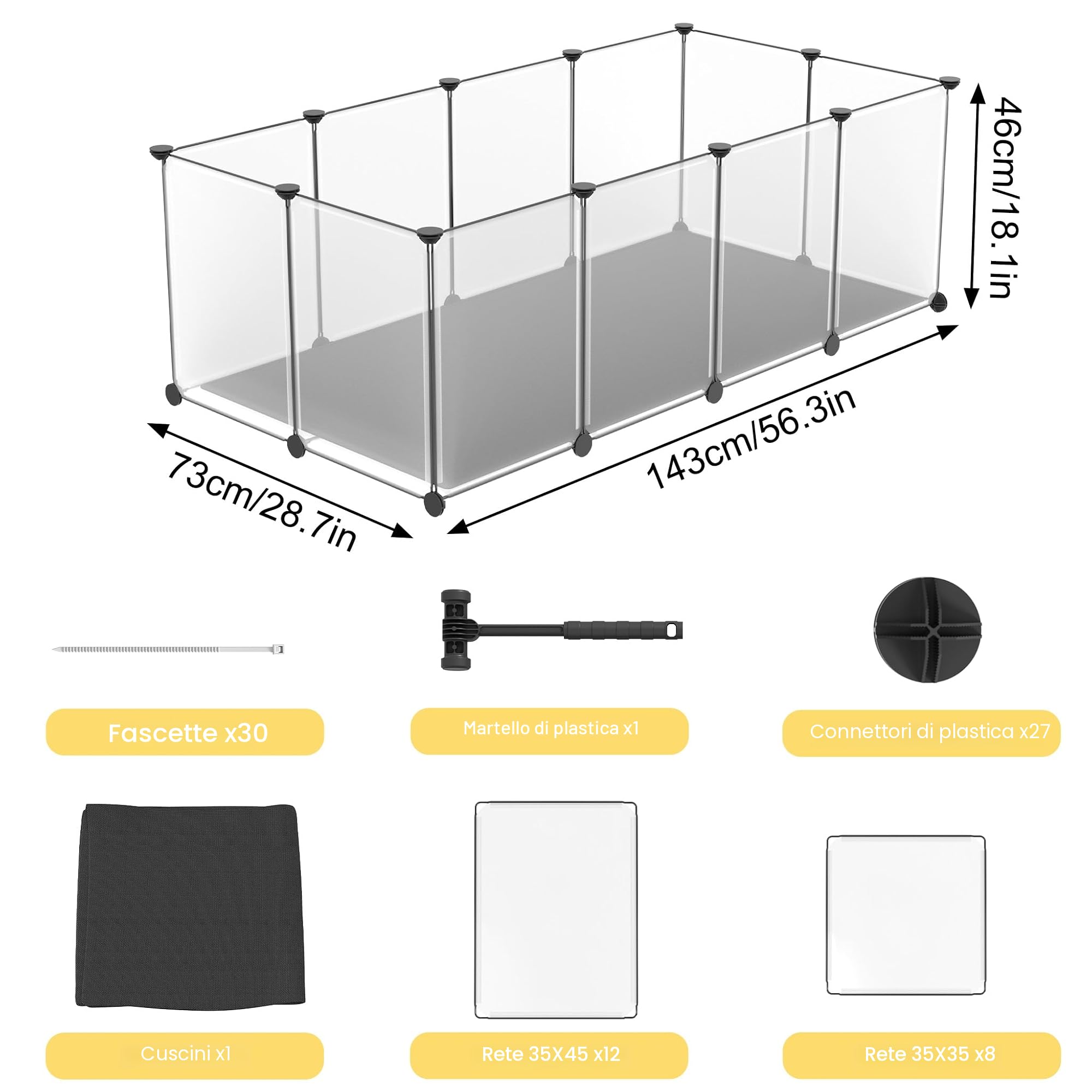 UISEBRT Recinzione libera con base e tappetino impermeabile confortevole, set da 12 pezzi, box modulare, 143 x 73 x 46 cm, per piccoli animali e cuccioli, box per cani, gabbia per conigli, recinto per
